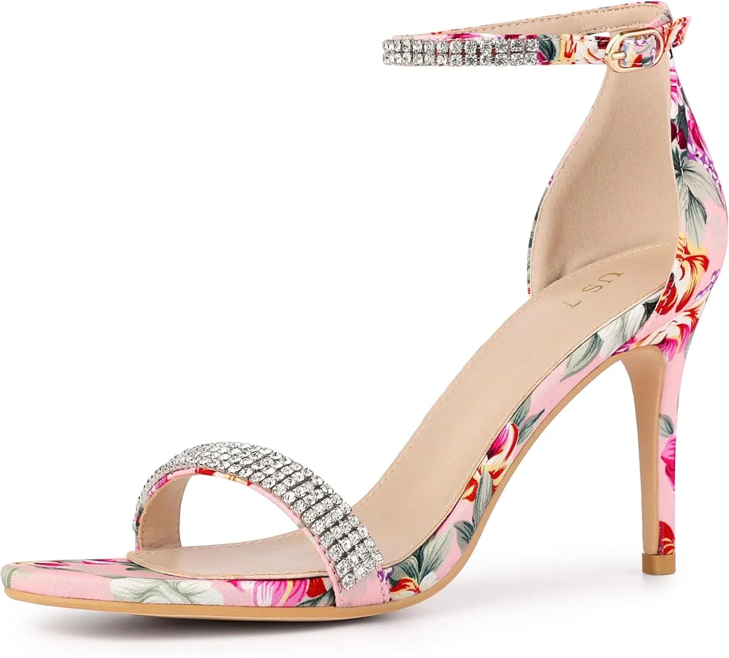 Perphy Rhinestone Strap Floral Print Stiletto Heels Sandals for Women