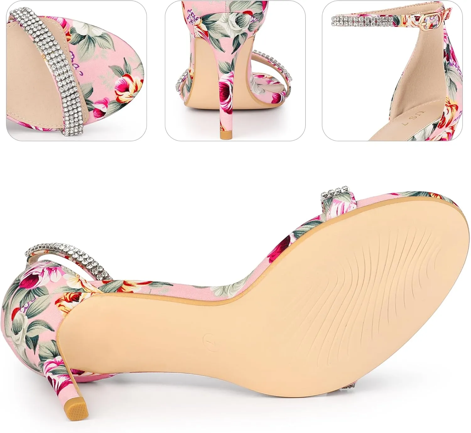 Perphy Rhinestone Strap Floral Print Stiletto Heels Sandals for Women