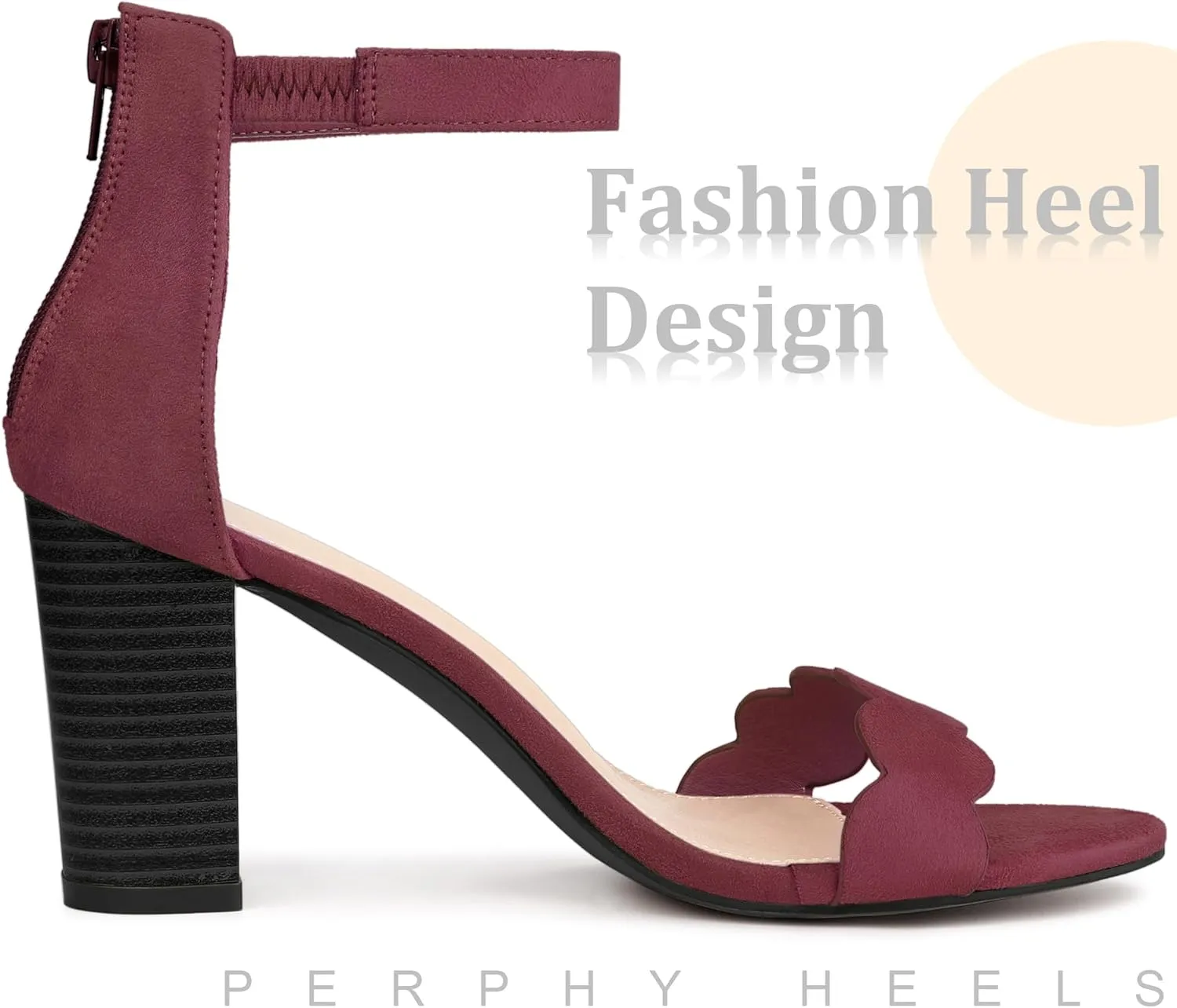Perphy Scalloped Heel Ankle Strap Chunky Heels Sandals for Women