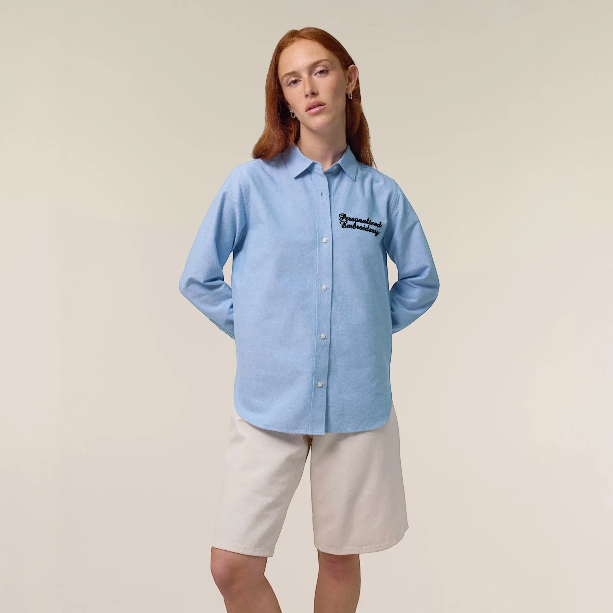 Personalised left chest embroidered women's classic fit organic cotton 'Oxford' shirt - choose your own font & thread colour