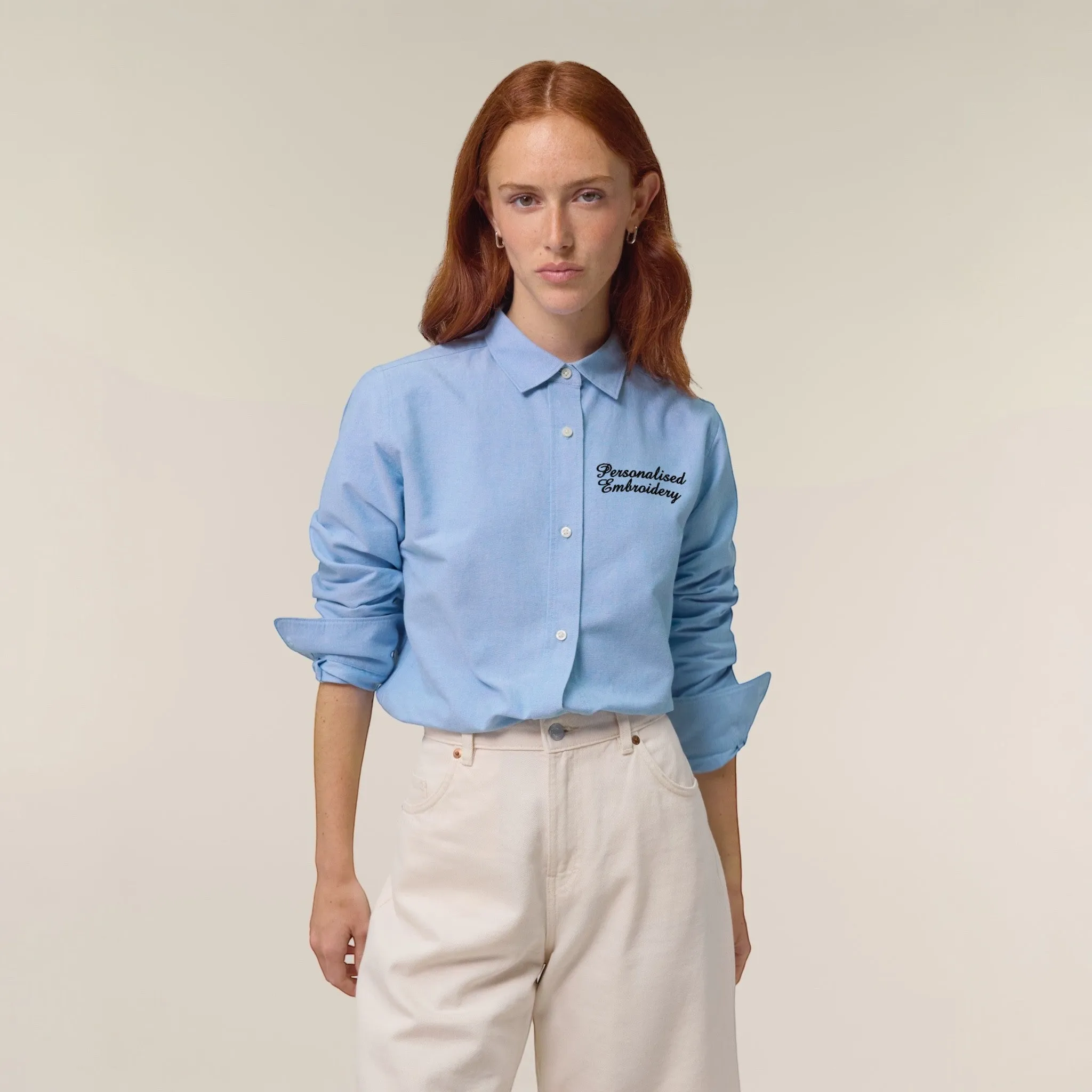 Personalised left chest embroidered women's classic fit organic cotton 'Oxford' shirt - choose your own font & thread colour