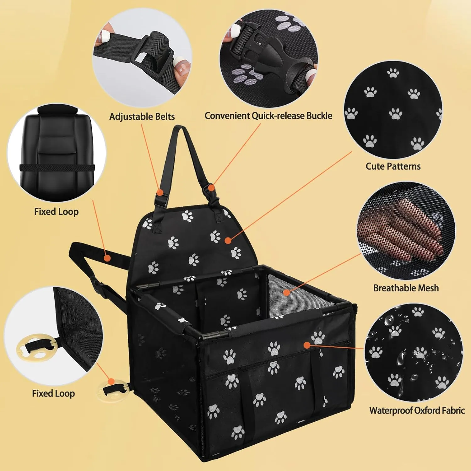 PetsHome Dog Car Seat Foldable Dog Car Booster Seat Waterproof Breathable Oxford Travel Bag for Small to Medium Dogs, Puppies, and Pets-Footprint Black-Upgrade