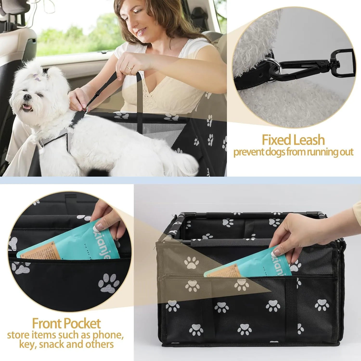 PetsHome Dog Car Seat Foldable Dog Car Booster Seat Waterproof Breathable Oxford Travel Bag for Small to Medium Dogs, Puppies, and Pets-Footprint Black-Upgrade