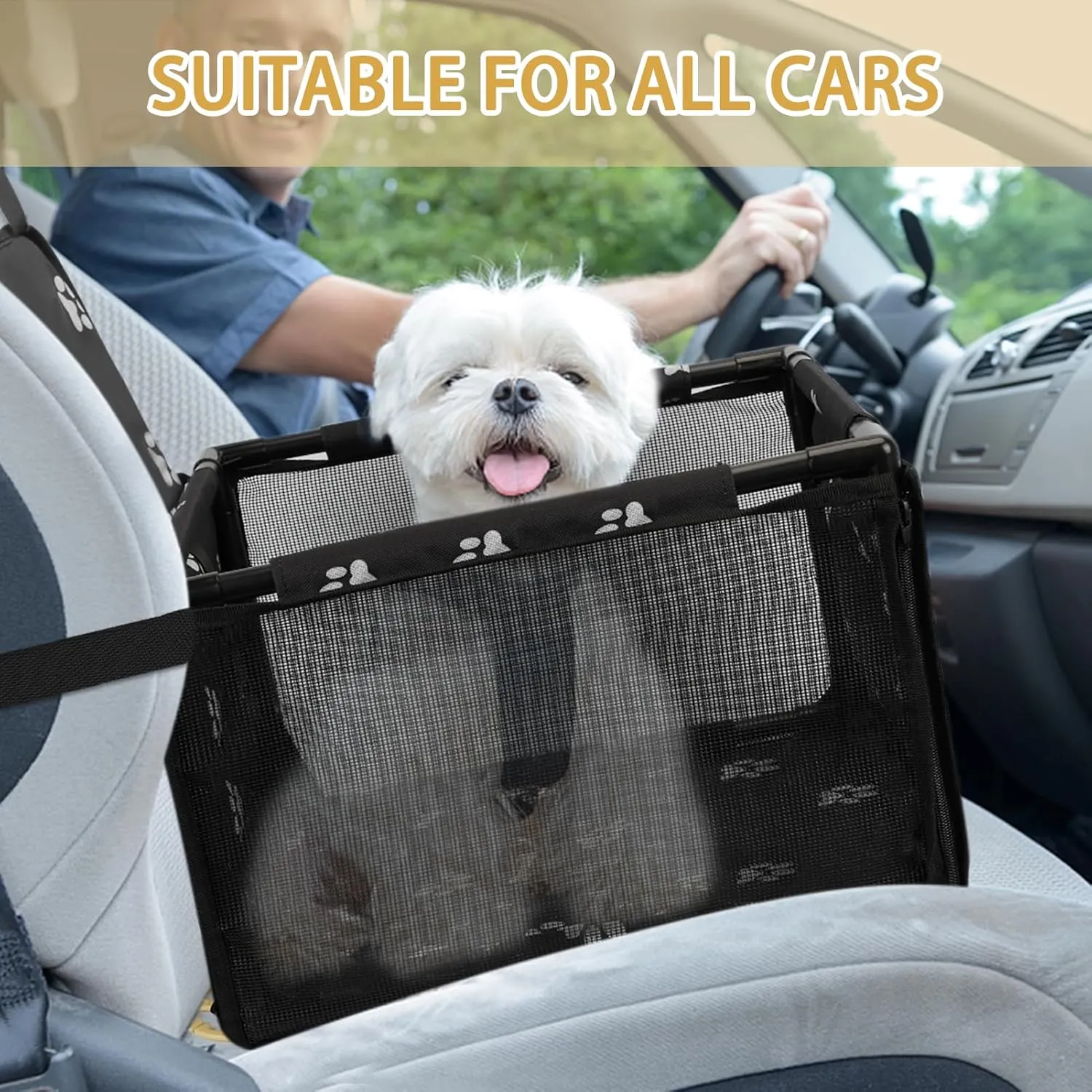 PetsHome Dog Car Seat Foldable Dog Car Booster Seat Waterproof Breathable Oxford Travel Bag for Small to Medium Dogs, Puppies, and Pets-Footprint Black-Upgrade