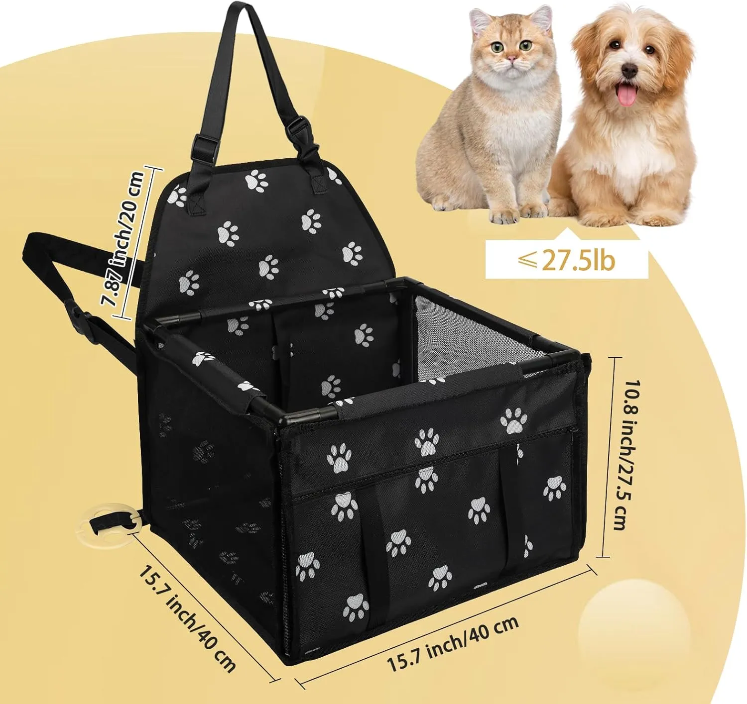 PetsHome Dog Car Seat Foldable Dog Car Booster Seat Waterproof Breathable Oxford Travel Bag for Small to Medium Dogs, Puppies, and Pets-Footprint Black-Upgrade