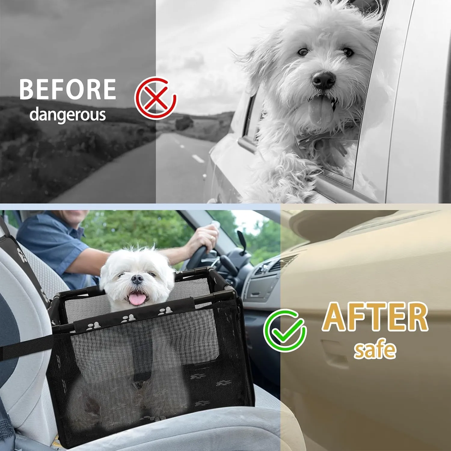 PetsHome Dog Car Seat Foldable Dog Car Booster Seat Waterproof Breathable Oxford Travel Bag for Small to Medium Dogs, Puppies, and Pets-Footprint Black-Upgrade