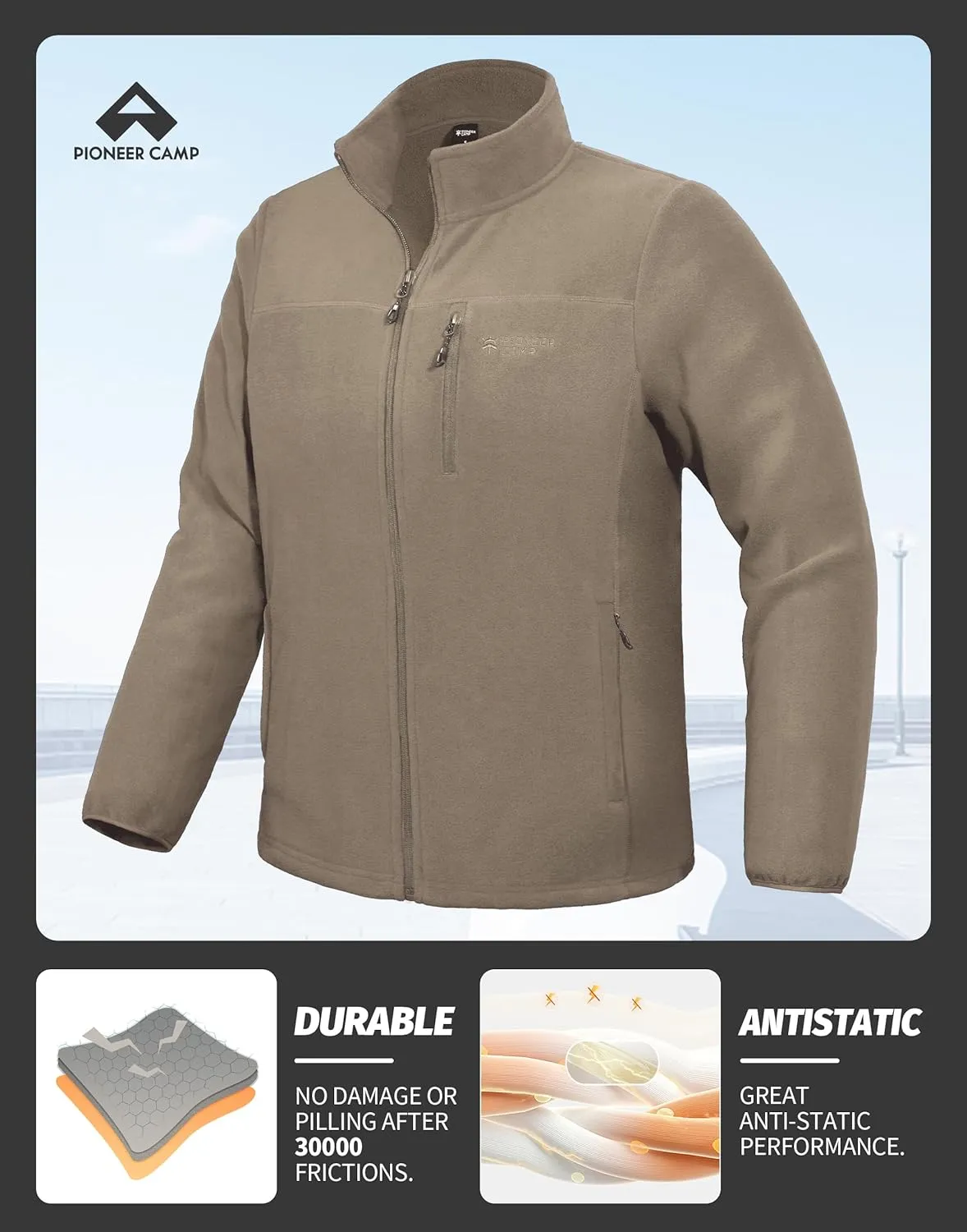 Pioneer Camp Men's Lightweight Polar Fleece Jacket Full Zip Antistatic Casual Coat Soft Warm Outwear with Zipper Pockets