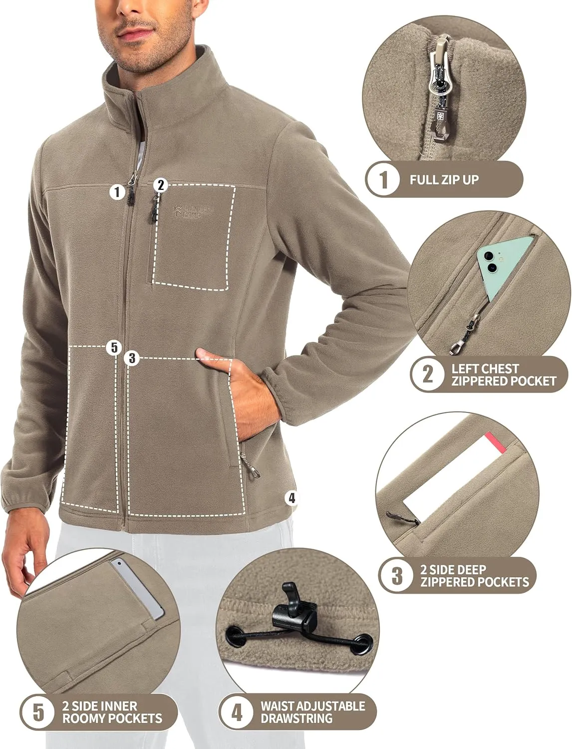 Pioneer Camp Men's Lightweight Polar Fleece Jacket Full Zip Antistatic Casual Coat Soft Warm Outwear with Zipper Pockets
