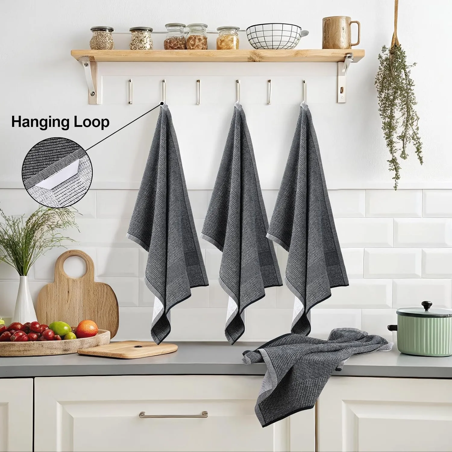 Premium Kitchen Towels 6 Pack (18 x 28 Inches, Black), Large Cotton Kitchen Hand Towel, Flat & Terry Dish Towels for Drying Dishes, Super Absorbent Tea Dishtowels Set with Hanging Loop