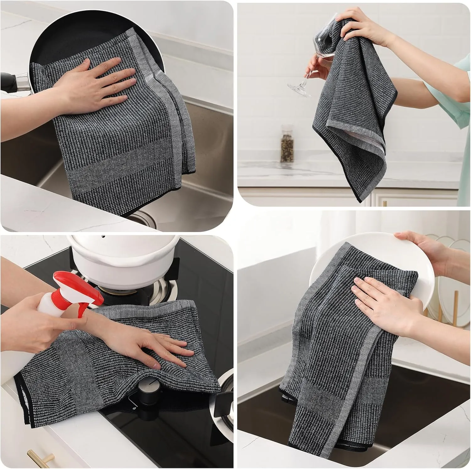 Premium Kitchen Towels 6 Pack (18 x 28 Inches, Black), Large Cotton Kitchen Hand Towel, Flat & Terry Dish Towels for Drying Dishes, Super Absorbent Tea Dishtowels Set with Hanging Loop