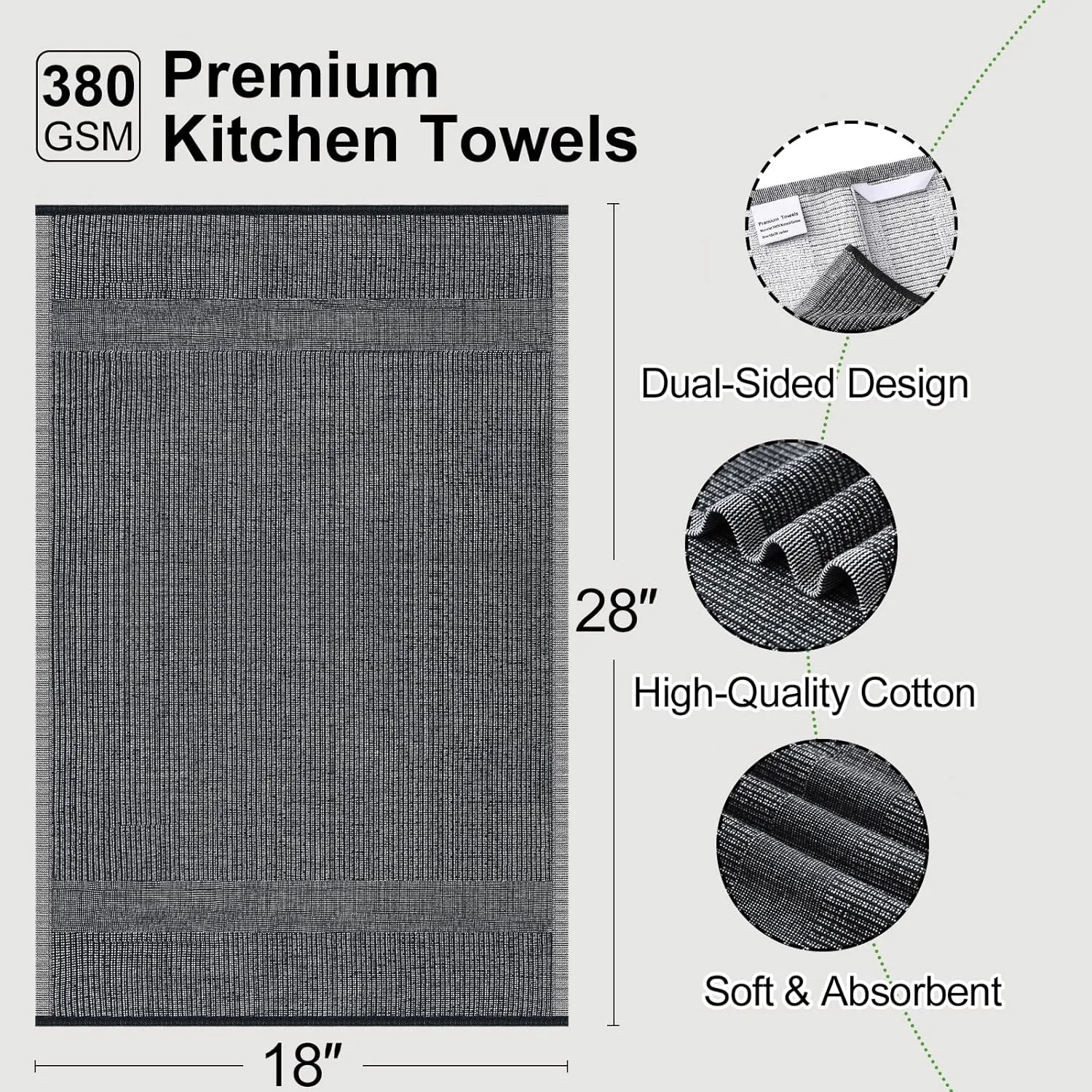 Premium Kitchen Towels 6 Pack (18 x 28 Inches, Black), Large Cotton Kitchen Hand Towel, Flat & Terry Dish Towels for Drying Dishes, Super Absorbent Tea Dishtowels Set with Hanging Loop