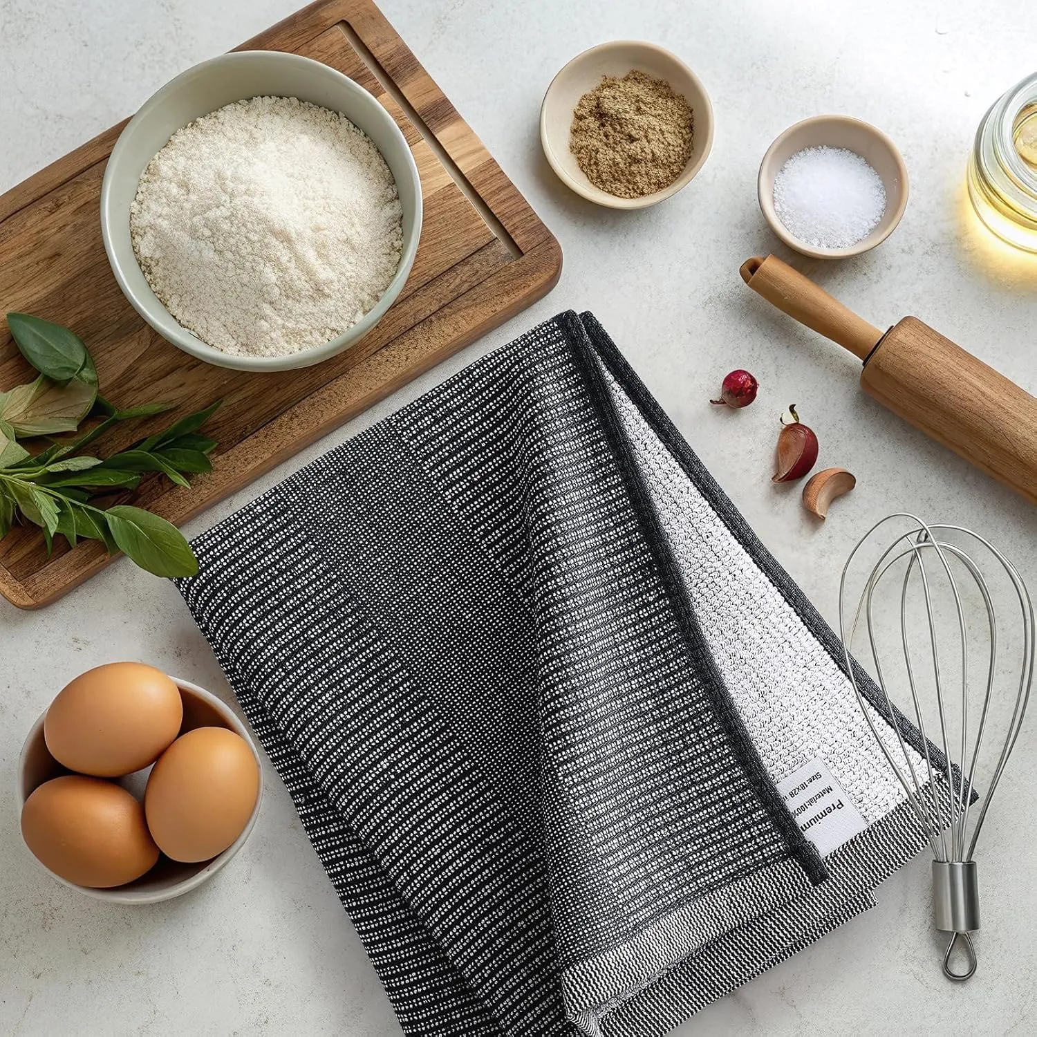 Premium Kitchen Towels 6 Pack (18 x 28 Inches, Black), Large Cotton Kitchen Hand Towel, Flat & Terry Dish Towels for Drying Dishes, Super Absorbent Tea Dishtowels Set with Hanging Loop