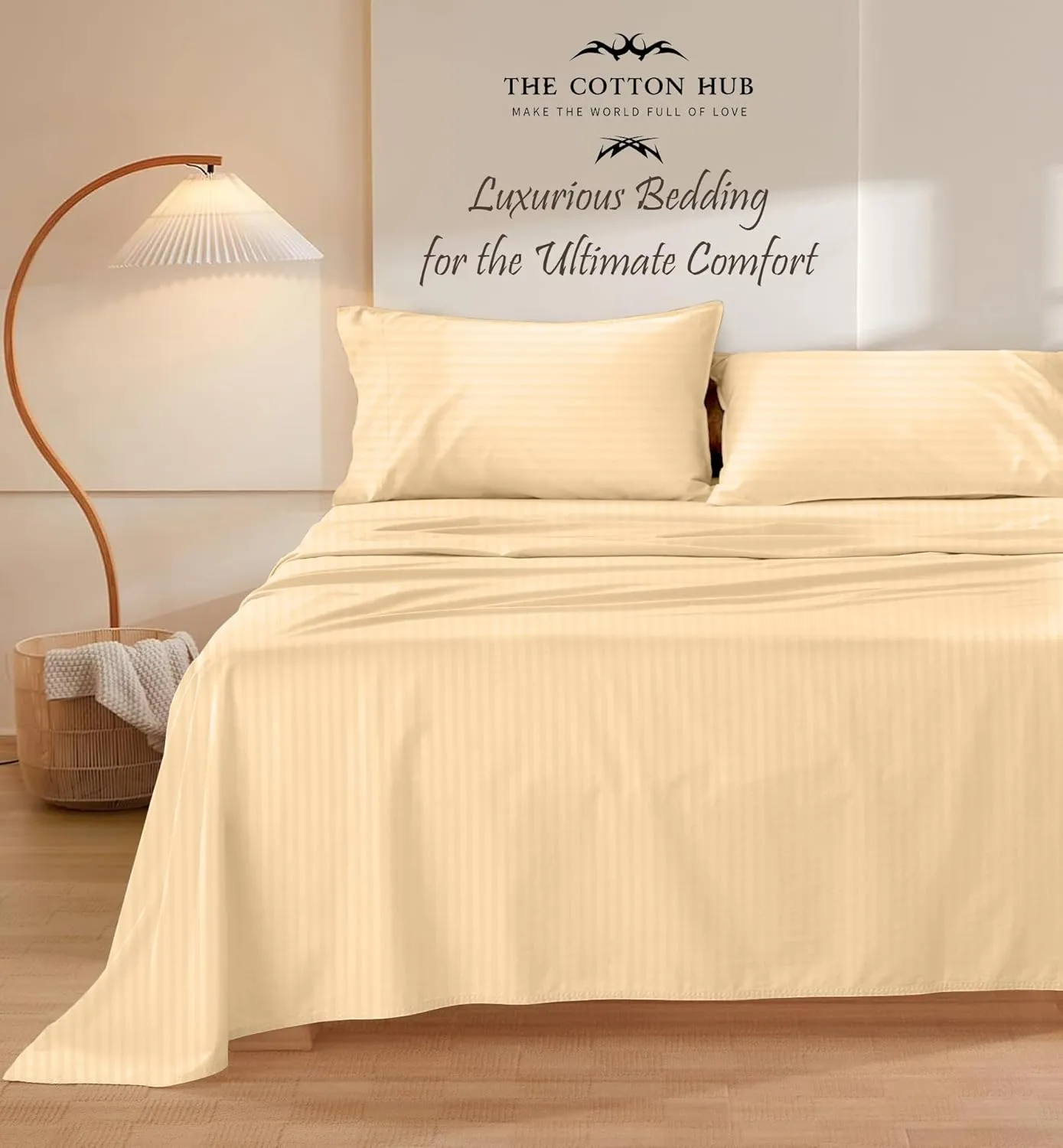 Queen Size 6-Piece Sheet Set 600 Thread Count Peruvian Pima Cotton Bed Sheets fits up to 18-21 inch Deep Pocket (Stripe, Beige)