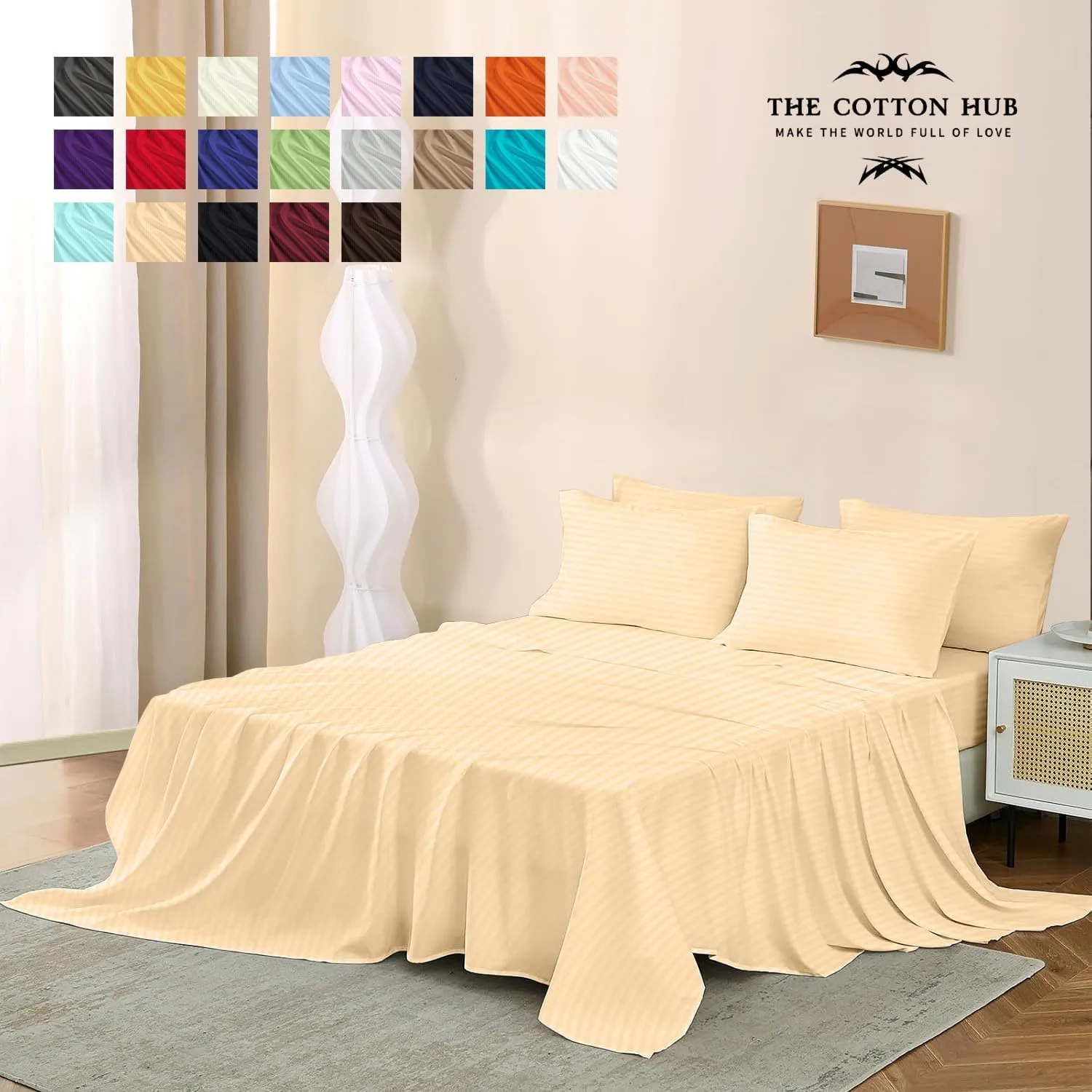 Queen Size 6-Piece Sheet Set 600 Thread Count Peruvian Pima Cotton Bed Sheets fits up to 18-21 inch Deep Pocket (Stripe, Beige)