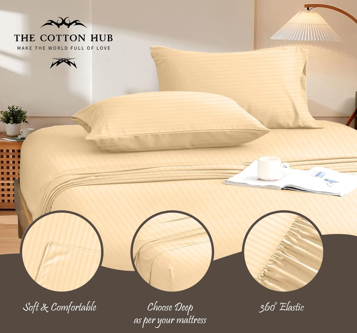 Queen Size 6-Piece Sheet Set 600 Thread Count Peruvian Pima Cotton Bed Sheets fits up to 18-21 inch Deep Pocket (Stripe, Beige)