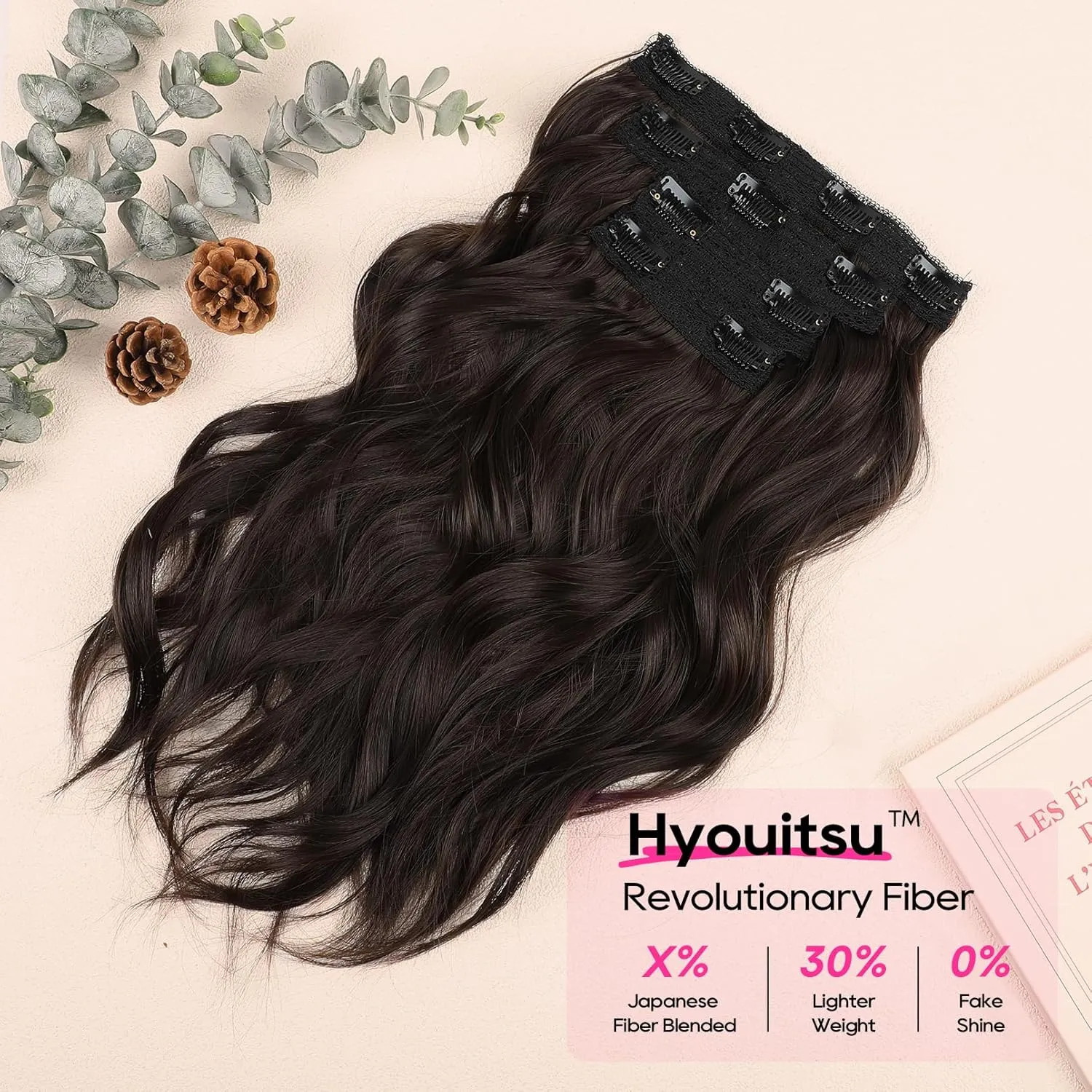 REECHO Clip in Hair Extensions - 14" Short Beach Wavy Hairpieces - Invisible Lace Weft - Natural Soft - Dark Brown
