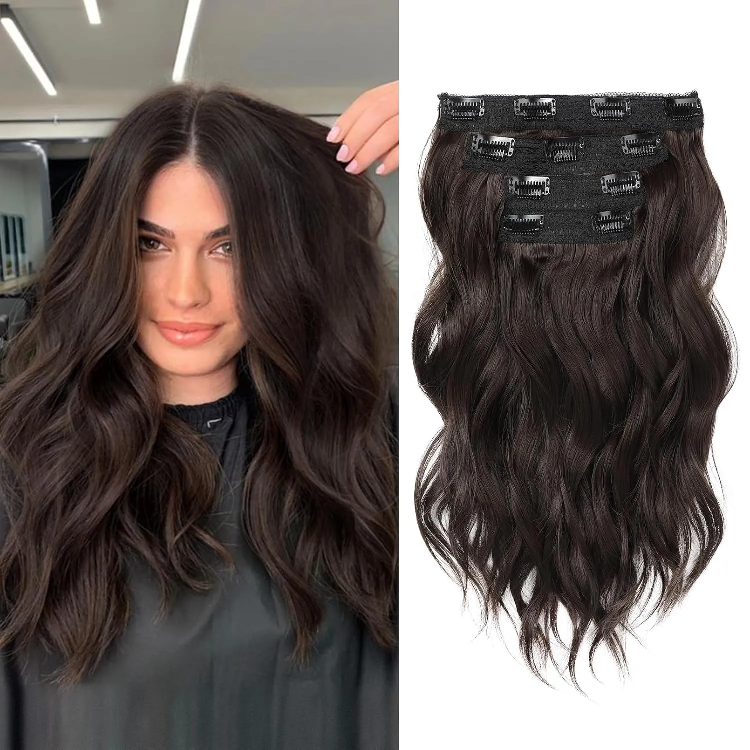 REECHO Clip in Hair Extensions - 14" Short Beach Wavy Hairpieces - Invisible Lace Weft - Natural Soft - Dark Brown