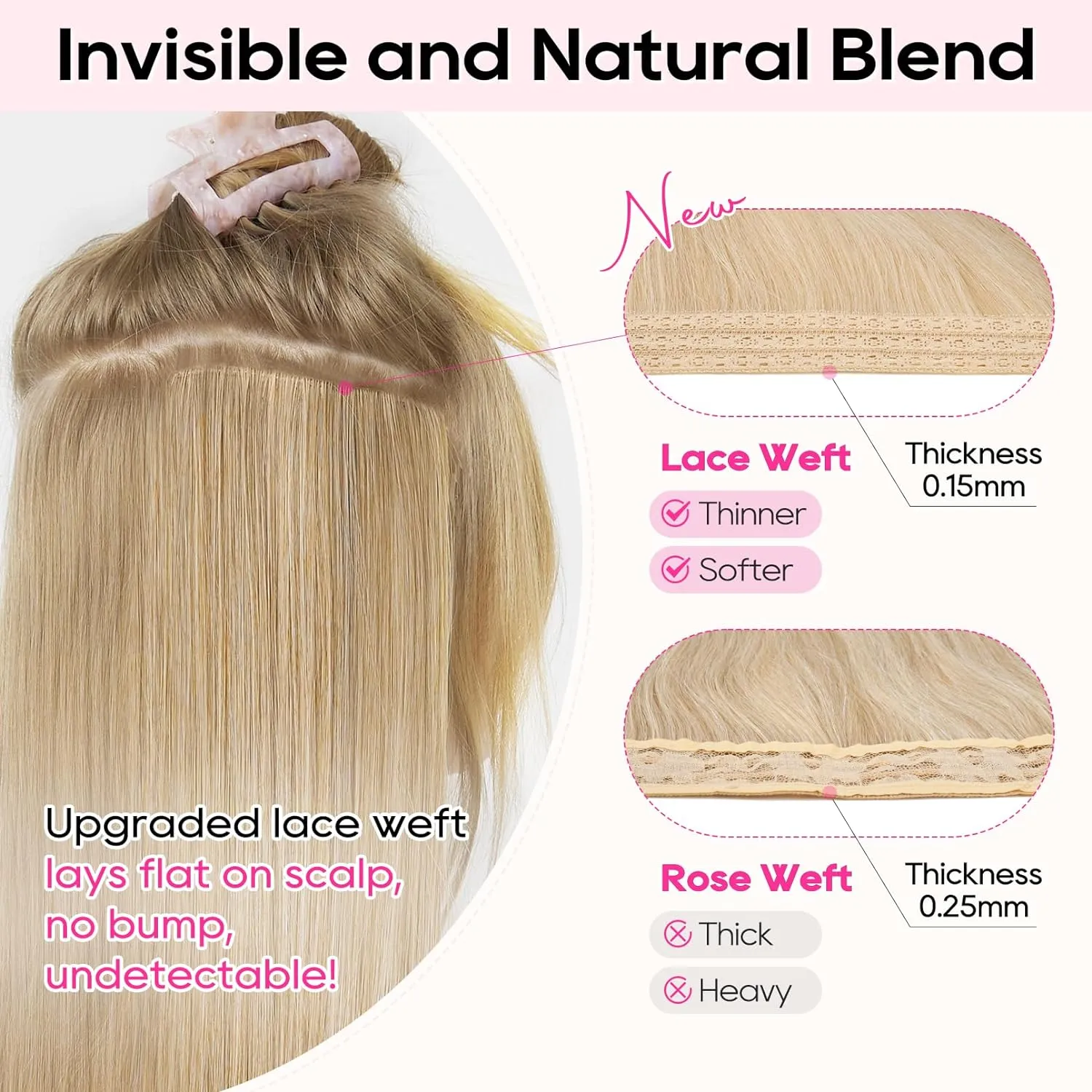 REECHO Clip in Hair Extensions - 14" Short Beach Wavy Hairpieces - Invisible Lace Weft - Natural Soft - Dark Brown