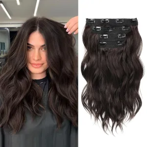 REECHO Clip in Hair Extensions - 14" Short Beach Wavy Hairpieces - Invisible Lace Weft - Natural Soft - Dark Brown