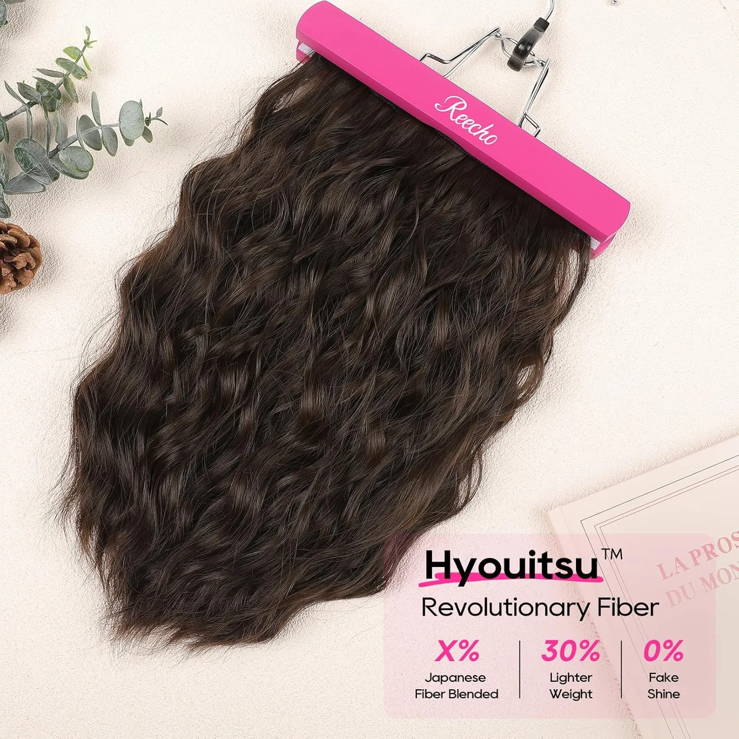 REECHO Clip in Hair Extensions - 14" Short Wavy Invisible Lace Weft Natural Soft Hairpieces for Women - Chocolate Brown