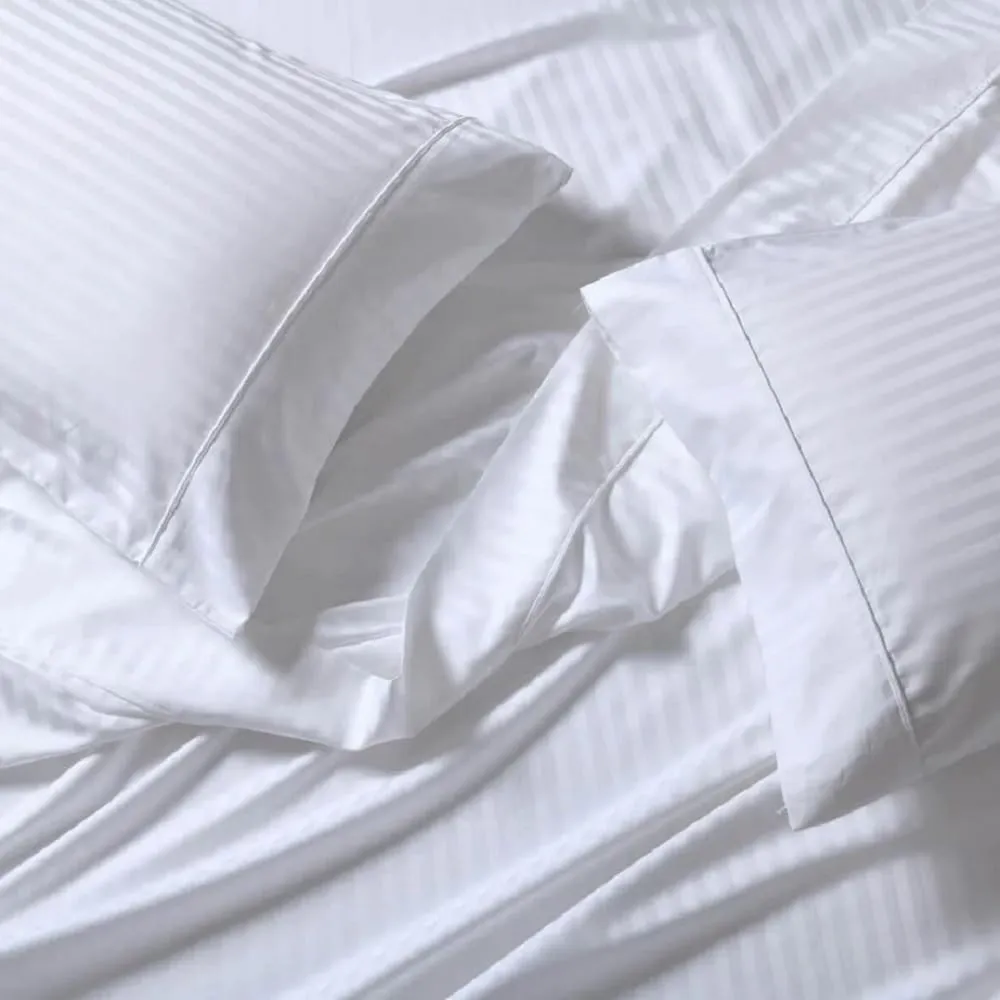 Royal Tradition Good Weight 100% Cotton Striped Sheets Set, Sateen Woven 250TC (Twin XL, White) 16 Inch Deep Pockets- Soft and Breathable Bed Linens