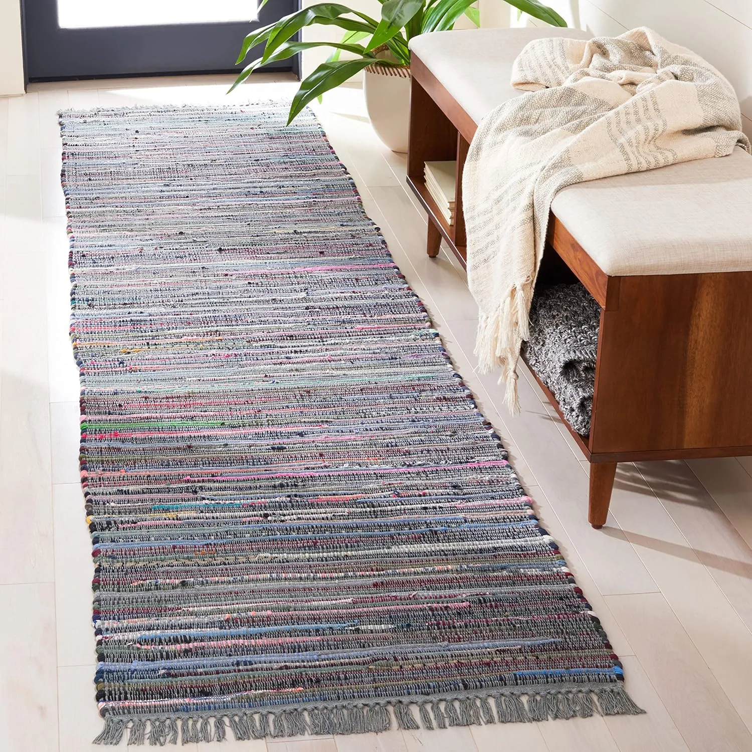 SAFAVIEH Rag Rug Collection Runner Rug - 2'3" x 6', Aqua & Multi, Handmade Boho Stripe Cotton, Ideal for High Traffic Areas in Living Room, Bedroom (RAR121K)