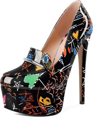 SAMMITOP Women's Platform High Heel Pumps Round Closed Toe Slip On Stilettos Elegant Office Party Dress Loafer Shoes 6 Inch