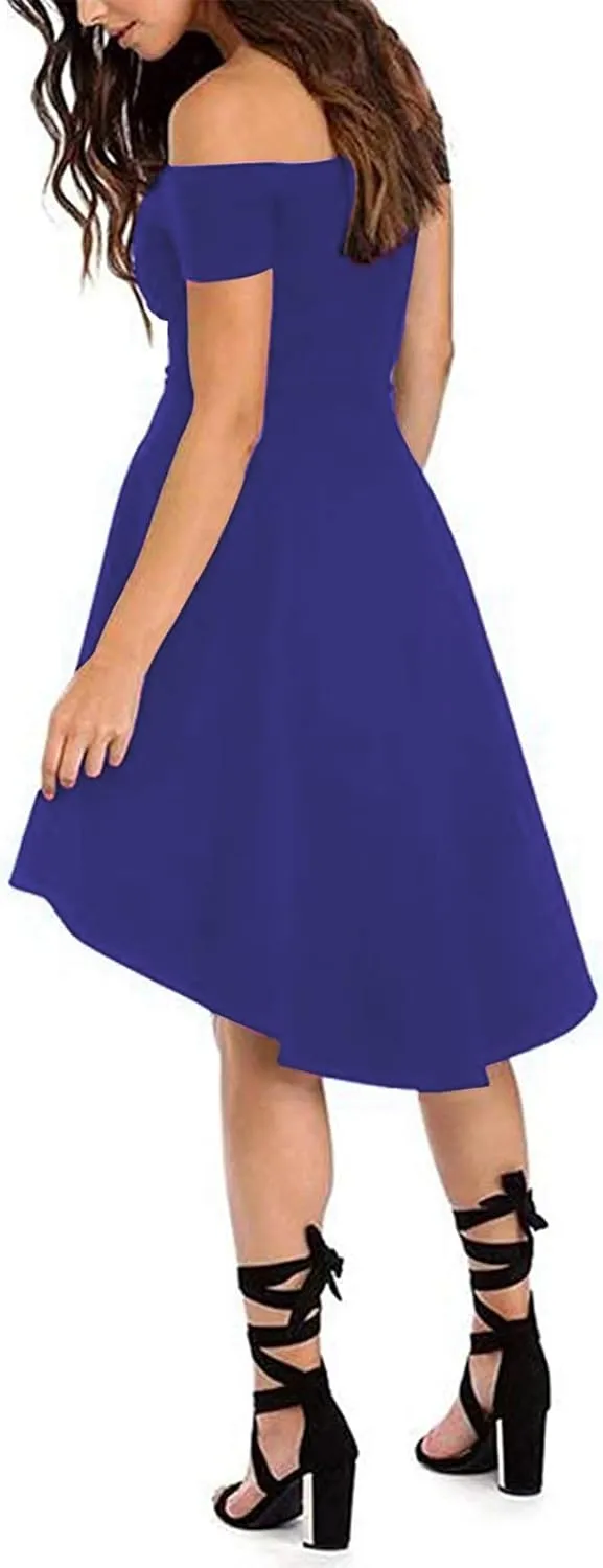 Sarin Mathews Womens Off The Shoulder Short Sleeve High Low Cocktail Skater Dress