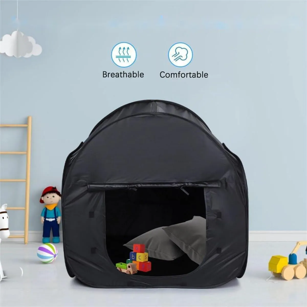 Sensory Tent Pop Up Tent Calm Corner for Kids Blackout Calm Down Cover for Autistic Child,Helps with Autism,SPD, Anxiety & Improve Focus(Black Coating,35.43"x35.43"x35.43")
