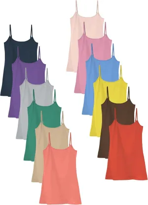 Sexy Basics Women's Basic Solid Color Cotton Stretch Camisole Adjustable Spaghetti Strap Tank Top- Multi Packs