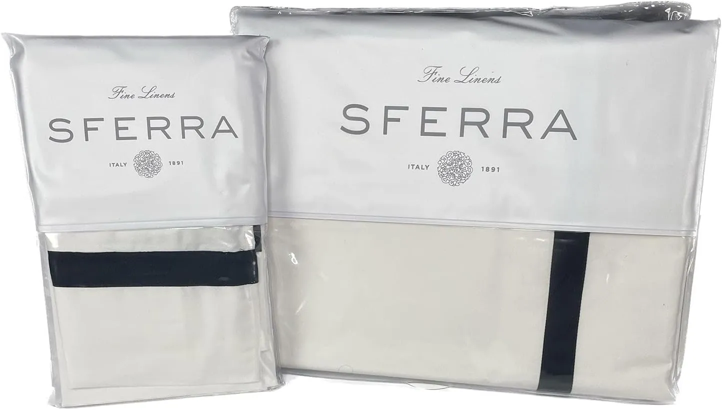 Sferra Estate Collection - 100% Long-Staple 200 Thread Count Cotton Percale with Sateen Appliqué - Cooling, Soft, and Breathable Bed Linens, 4pc King Sheet Set, White/Black
