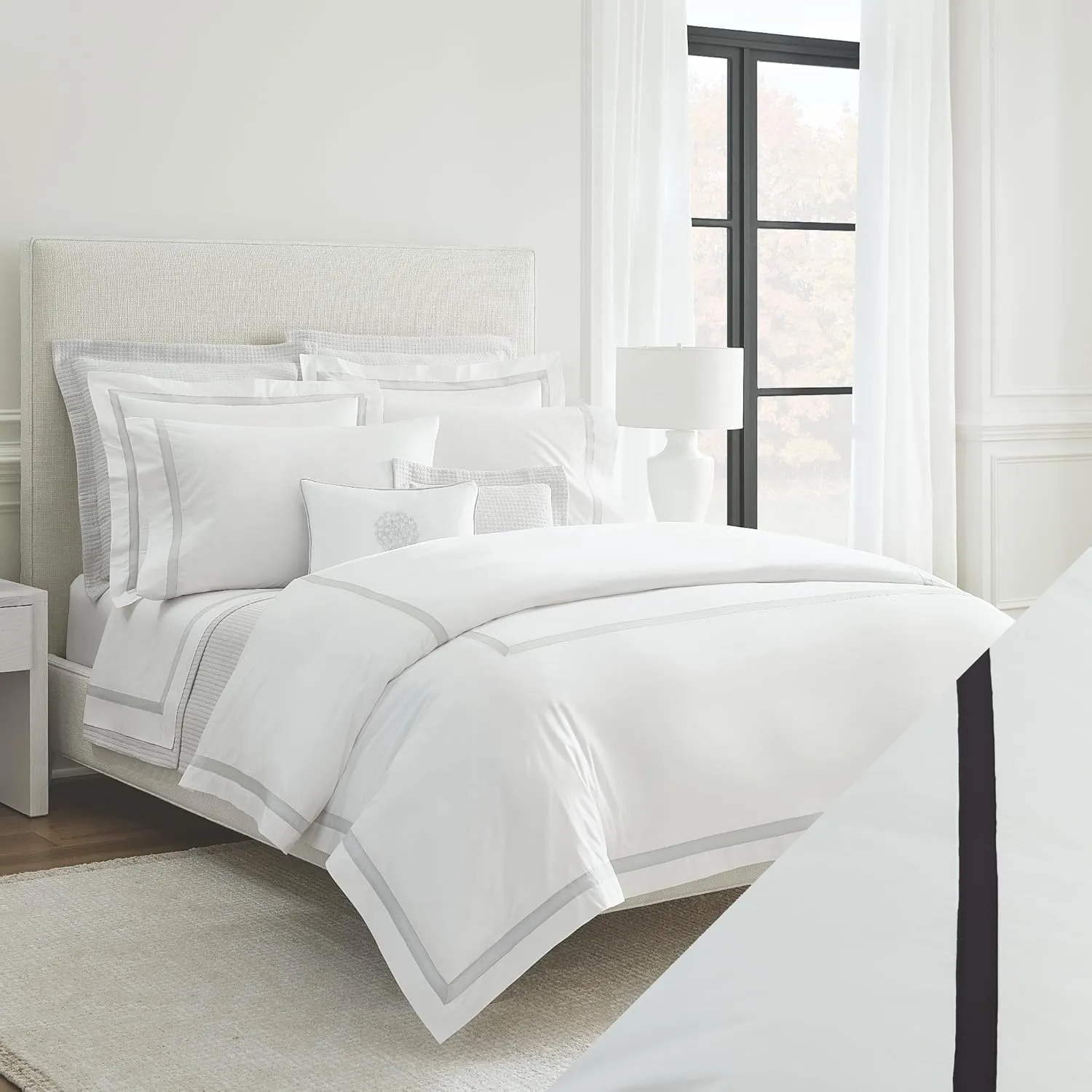 Sferra Estate Collection - 100% Long-Staple 200 Thread Count Cotton Percale with Sateen Appliqué - Cooling, Soft, and Breathable Bed Linens, 4pc King Sheet Set, White/Black
