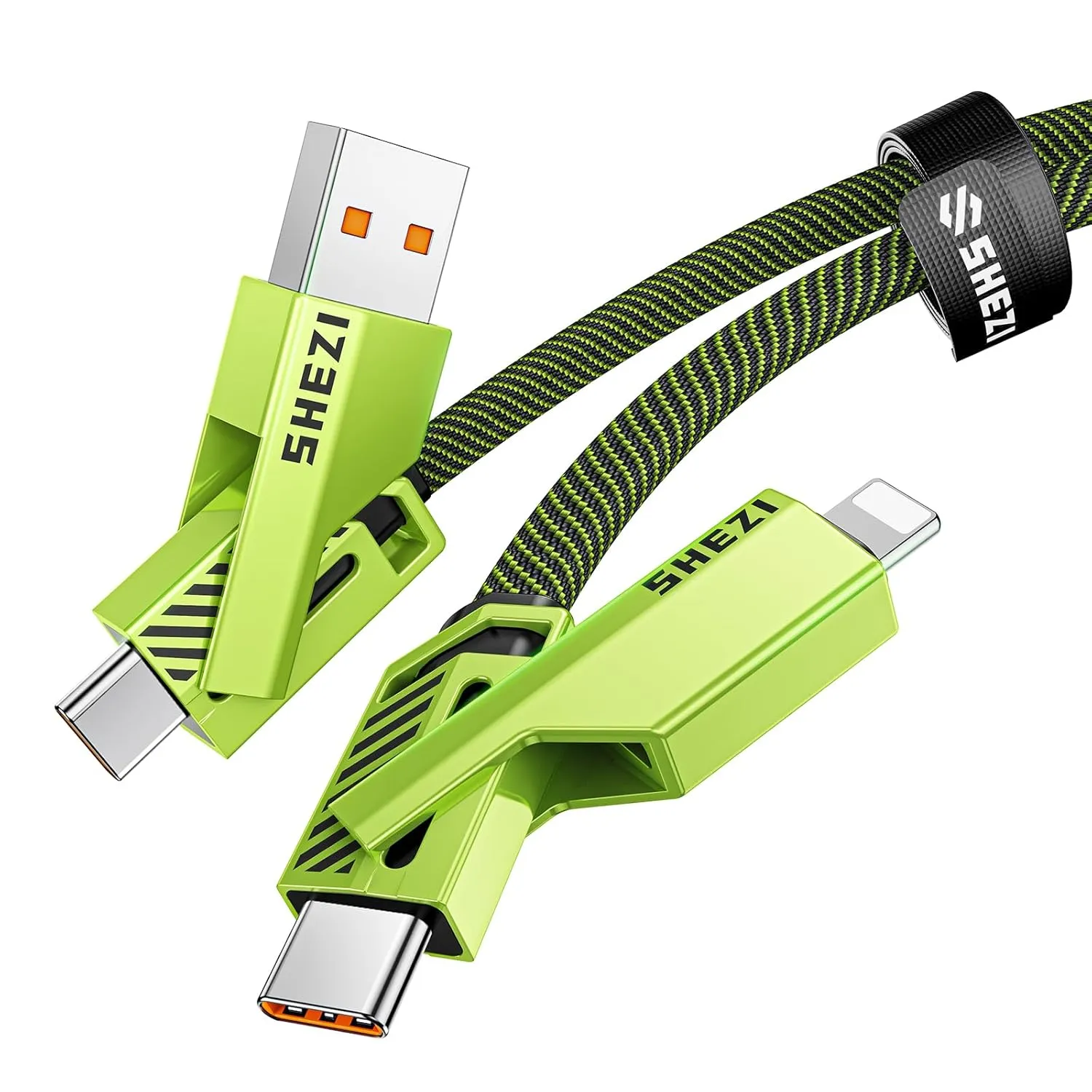 SHEZI [Upgraded 2.0] 4-in-1 USB C Cable 60W 10FT Fast Charging [480Mbps Data Sync] Flat Nylon Braided Charger Cord Combo, USB A/C to C/L Multi Charge Cable for iPhone/iPad & Most Devices, Green