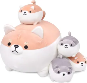 Shiba Inu Plush, 5 PCS Shiba Inu Stuffed Animal Family, 16" Corgi Plushie Cute Soft Plushies Pillow Toy Anime Kawaii Plush Soft Corgi Pillow,Dog Mommy with 4 Puppies Toy Gifts for Boys Girls