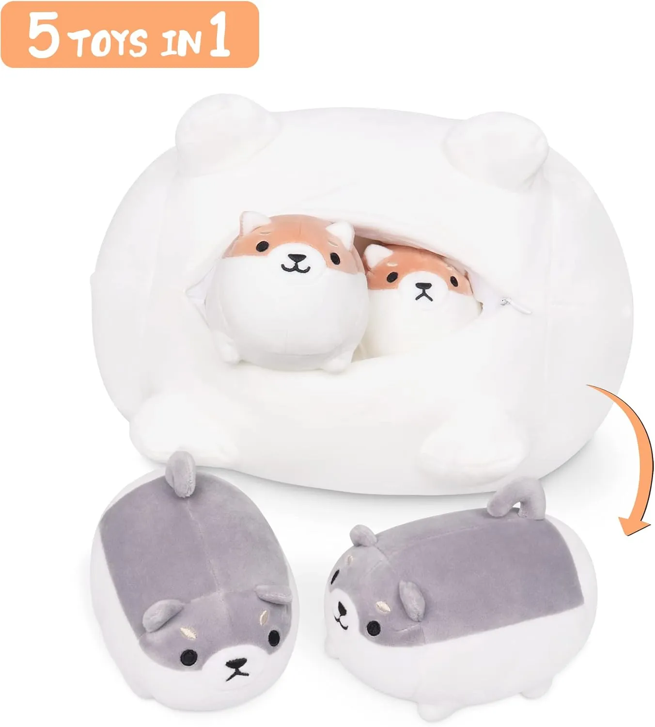 Shiba Inu Plush, 5 PCS Shiba Inu Stuffed Animal Family, 16" Corgi Plushie Cute Soft Plushies Pillow Toy Anime Kawaii Plush Soft Corgi Pillow,Dog Mommy with 4 Puppies Toy Gifts for Boys Girls