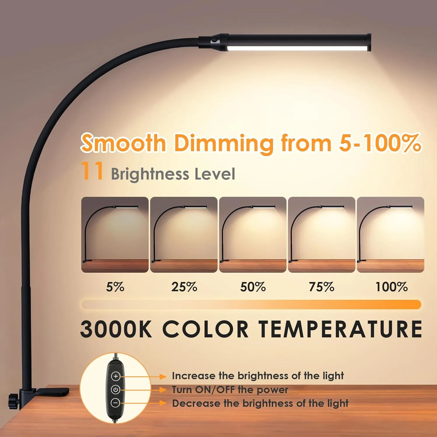 ShineTech LED Desk lamp with Clamp, 3000K Warm White 11 Brightness Level Eye-Caring Clip Lights for Home Office, Flexible Gooseneck USB Adapter, Black