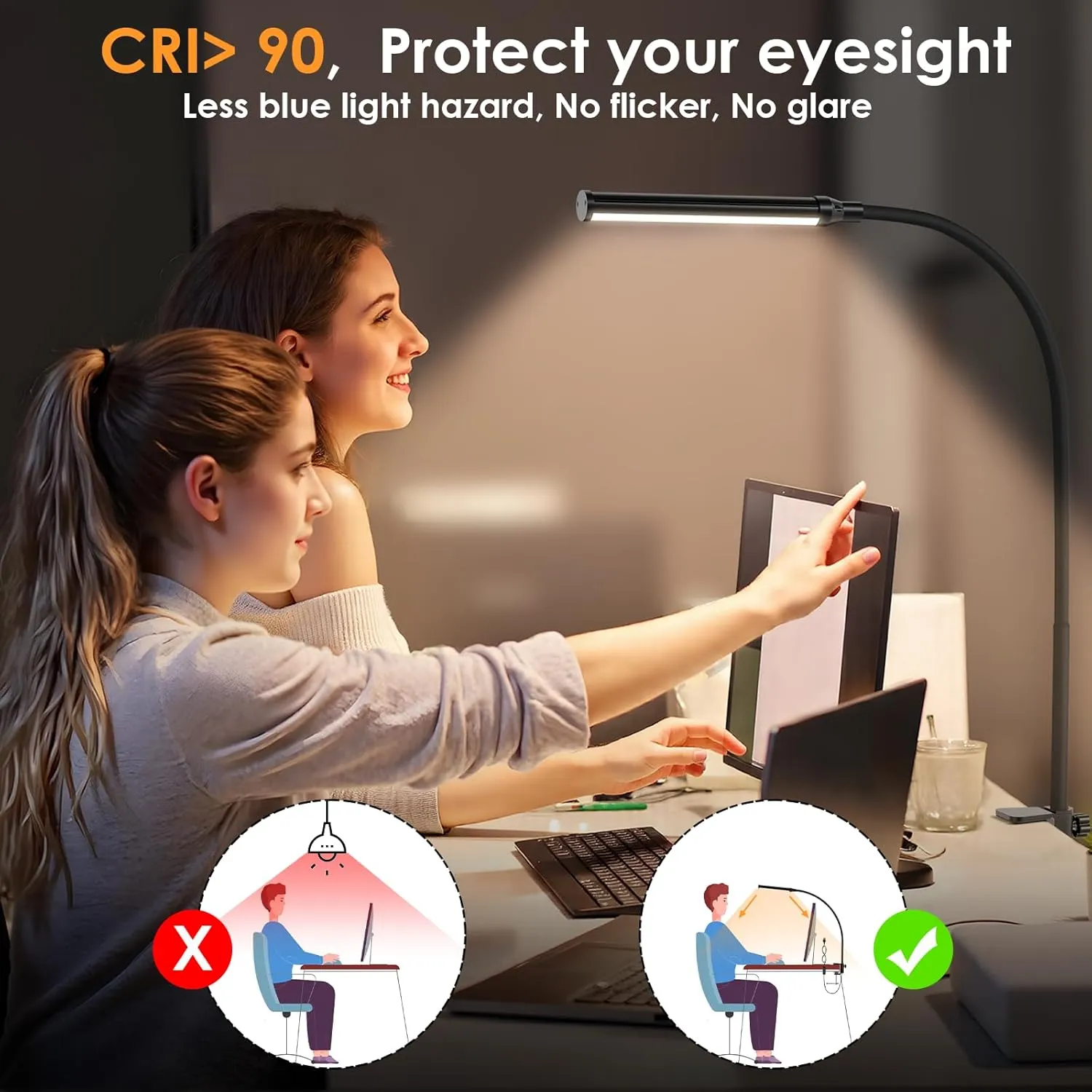 ShineTech LED Desk lamp with Clamp, 3000K Warm White 11 Brightness Level Eye-Caring Clip Lights for Home Office, Flexible Gooseneck USB Adapter, Black
