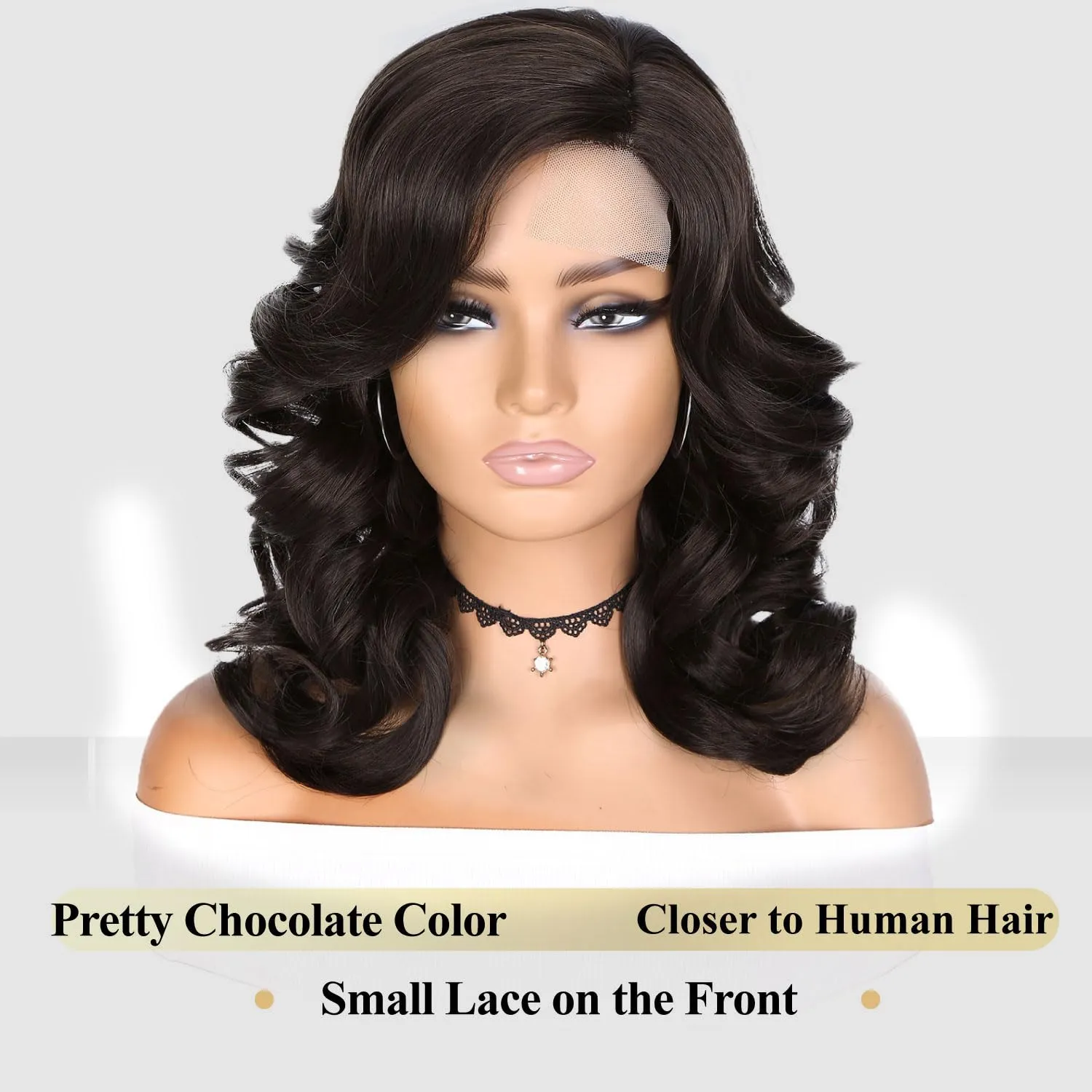 Short Body Wavy Wig Curly Loose Wave Wigs Big Curly Lady Side Part Wigs Synthetic Bob Wavy Wig for Black Women (Chocolate Brown)