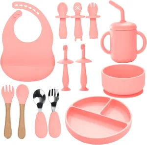 Silicone Baby Feeding Set - 13PCS Essentials With Suction Bowl, Plate, Spoons, Forks, Bib, Cup, Toothbrush - Led Weaning Supplies for 6  Months Eating (Pink)