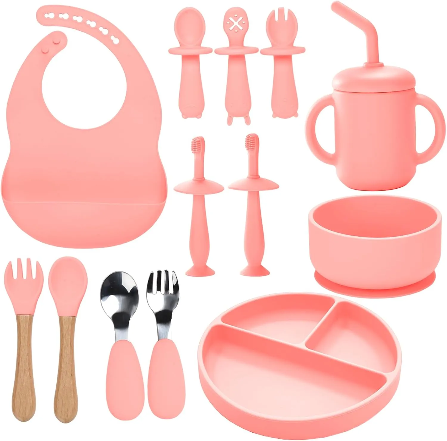 Silicone Baby Feeding Set - 13PCS Essentials With Suction Bowl, Plate, Spoons, Forks, Bib, Cup, Toothbrush - Led Weaning Supplies for 6  Months Eating (Pink)