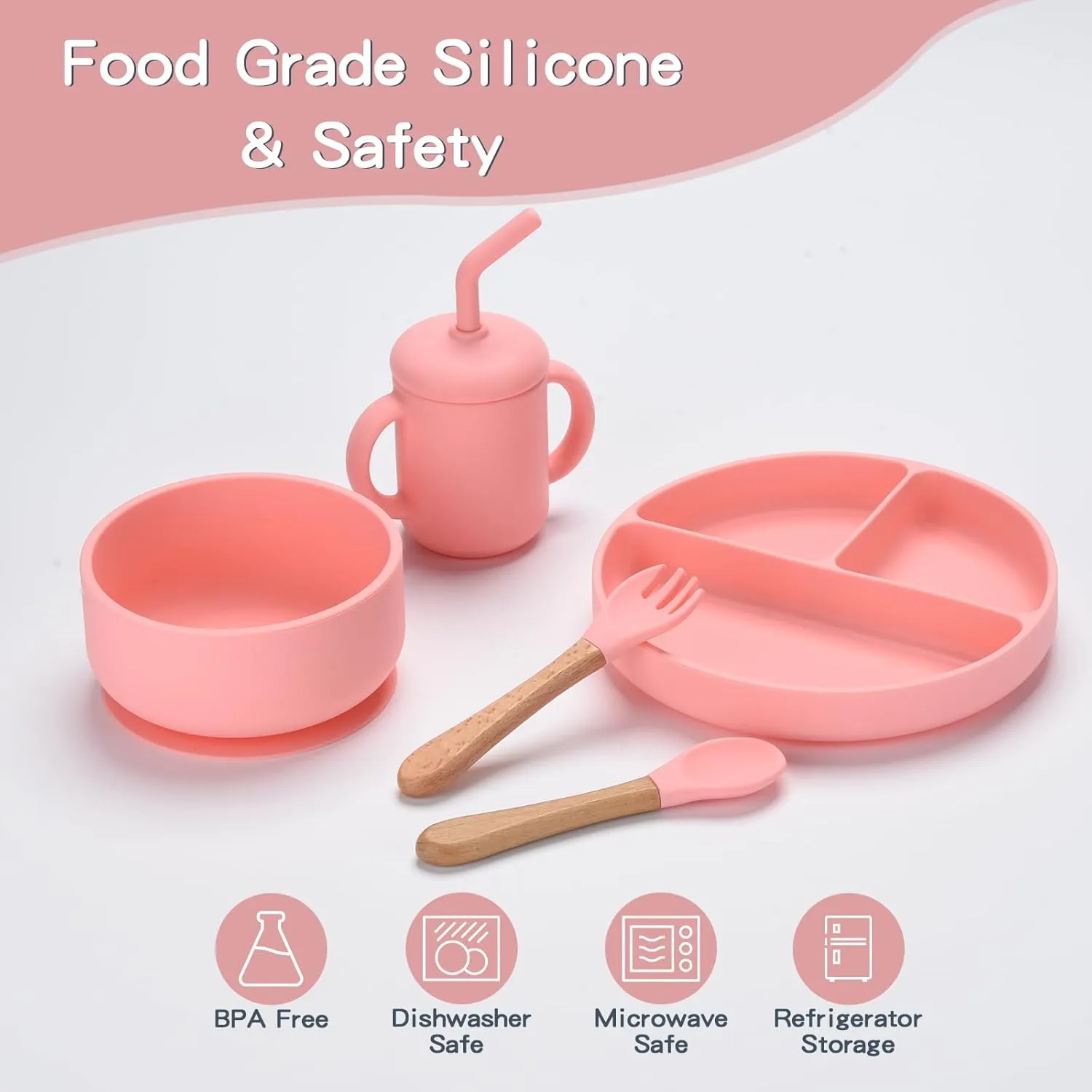 Silicone Baby Feeding Set - 13PCS Essentials With Suction Bowl, Plate, Spoons, Forks, Bib, Cup, Toothbrush - Led Weaning Supplies for 6  Months Eating (Pink)