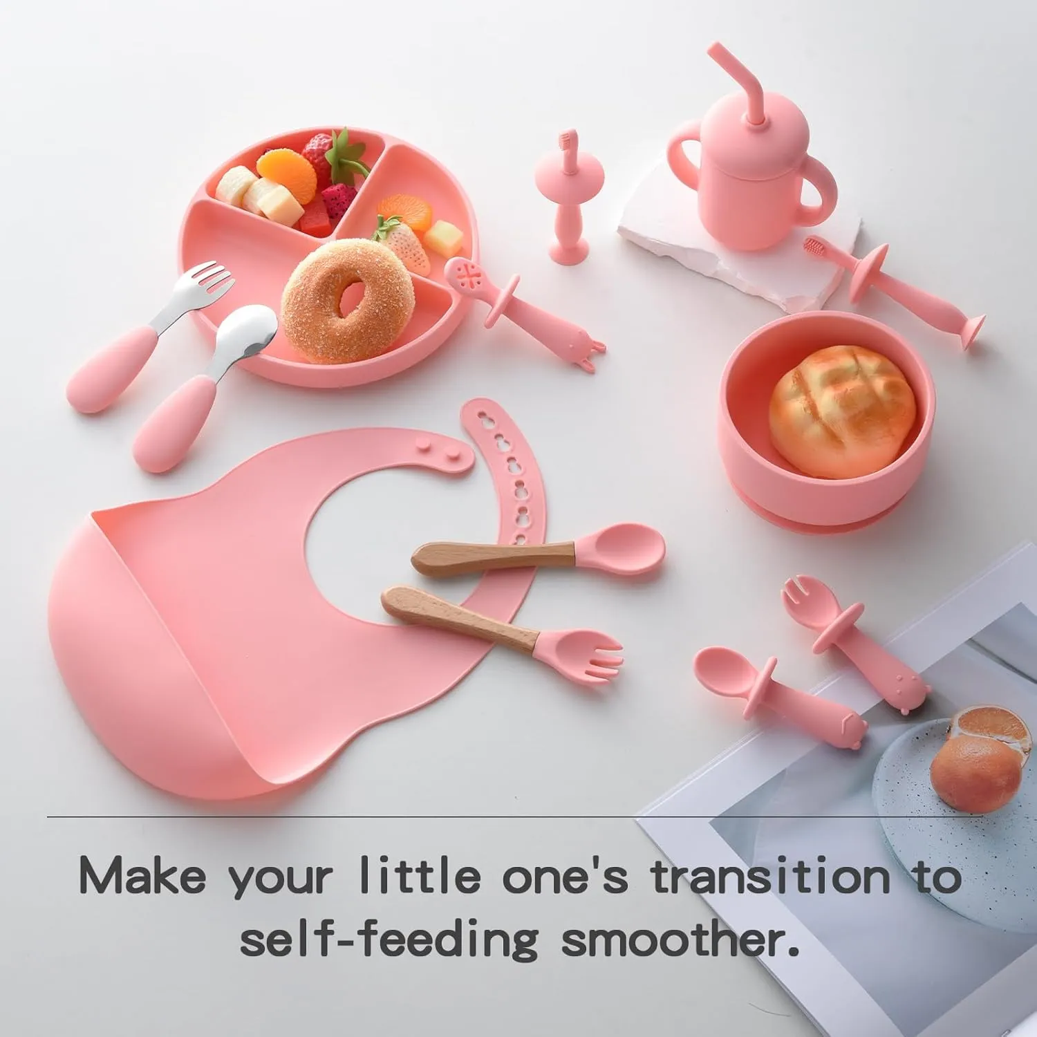 Silicone Baby Feeding Set - 13PCS Essentials With Suction Bowl, Plate, Spoons, Forks, Bib, Cup, Toothbrush - Led Weaning Supplies for 6  Months Eating (Pink)