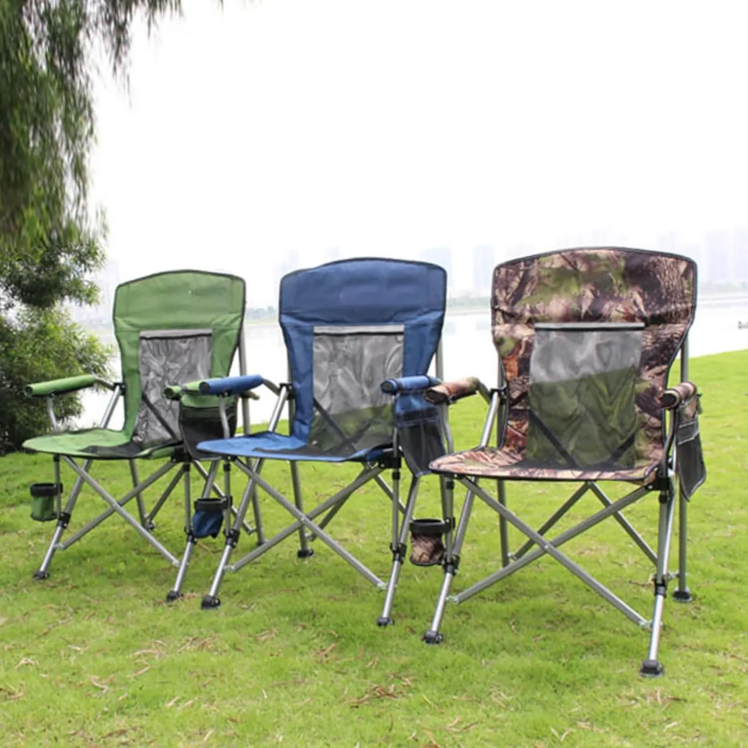 Simple and Portable Folding Camping Chair, Extra Large Heavy-duty Outdoor Chair, Fishing Chair, Beach Chair With Cup Holder and Storage Bag, Breathable Mesh On The Back,Bearing Capacity150kg.