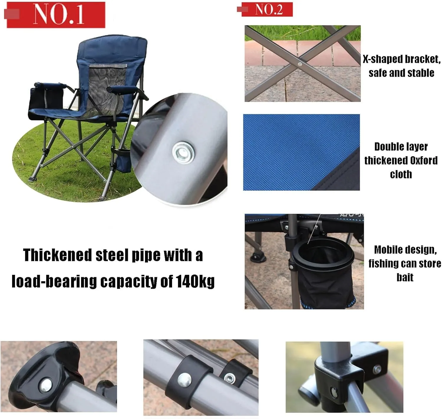 Simple and Portable Folding Camping Chair, Extra Large Heavy-duty Outdoor Chair, Fishing Chair, Beach Chair With Cup Holder and Storage Bag, Breathable Mesh On The Back,Bearing Capacity150kg.