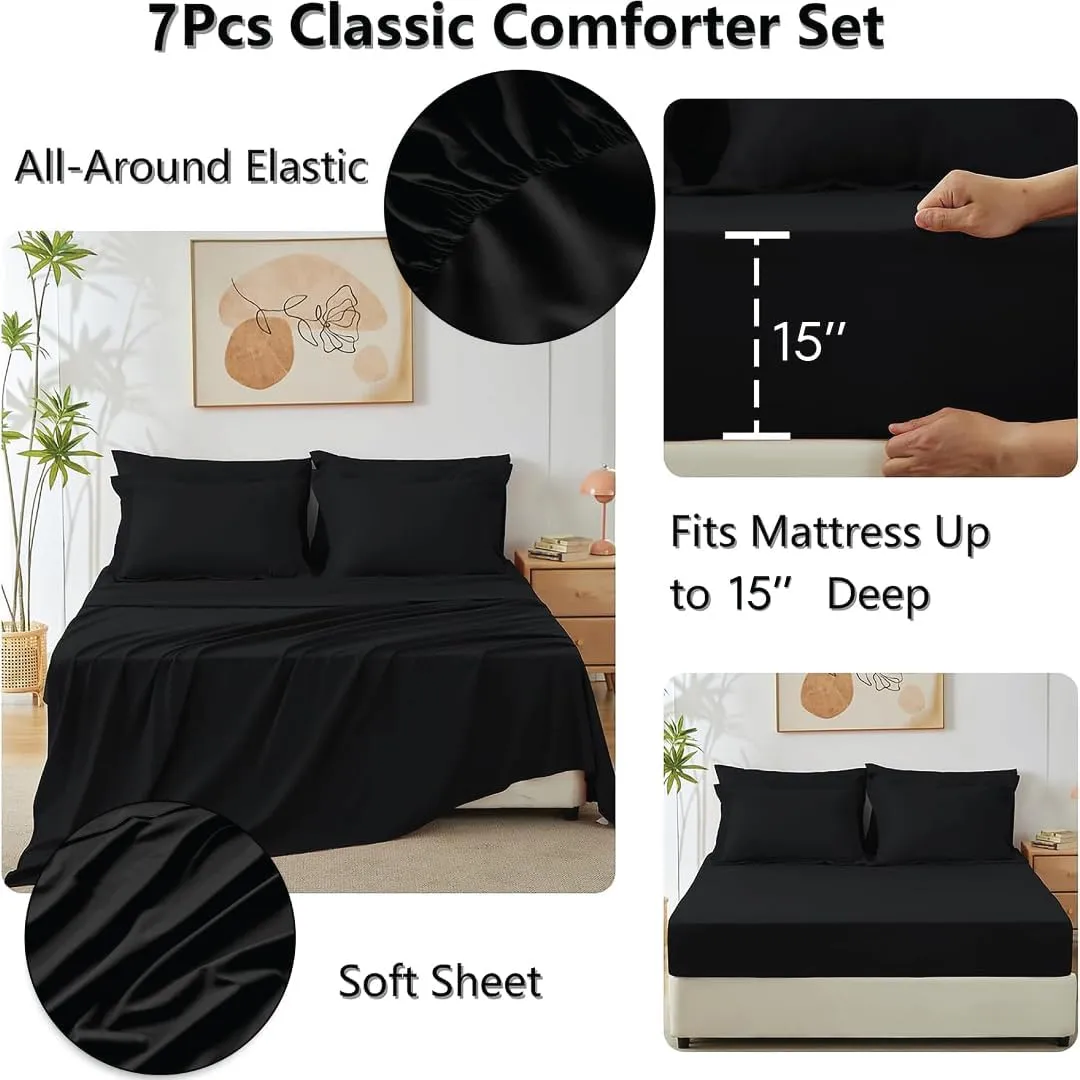 Sleepdown 7 Piece Bed in a Bag Queen Comforter Set with Sheets, All Season Ultra-Soft Lightweight Microfiber Comforter - Black, Queen