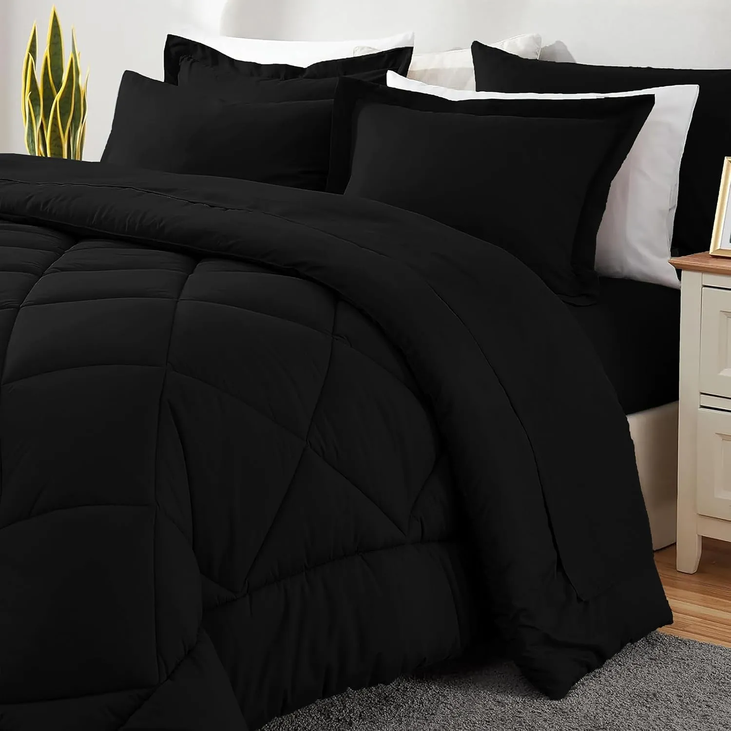 Sleepdown 7 Piece Bed in a Bag Queen Comforter Set with Sheets, All Season Ultra-Soft Lightweight Microfiber Comforter - Black, Queen