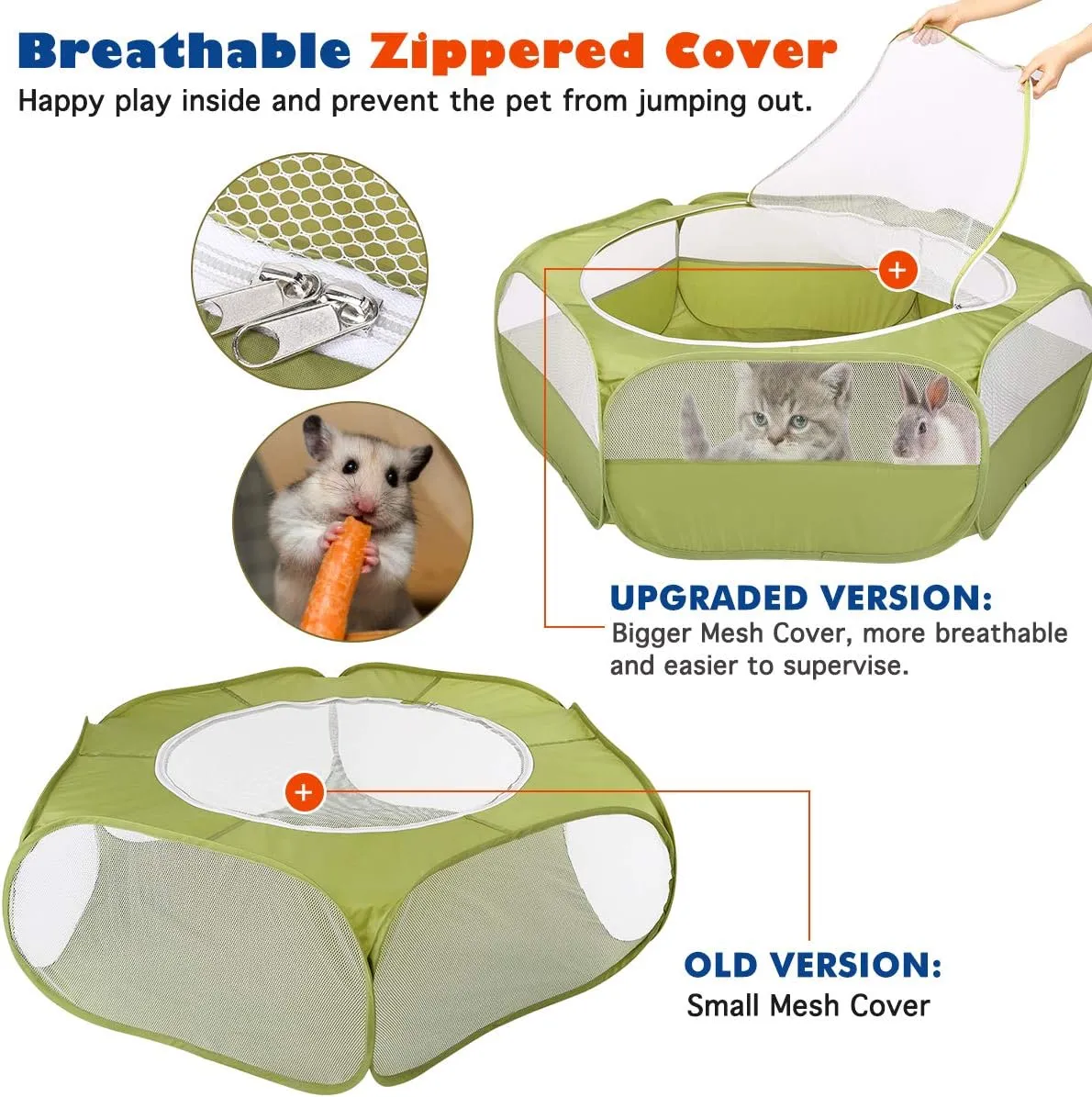 Small Animals Playpen, Waterproof Breathable Indoor Pet Cage Tent with Zipper Cover, Portable Outdoor Exercise Yard Fence for Kitten Hamster Bunny Squirrel Guinea Pig Hedgehog, Avocado Green