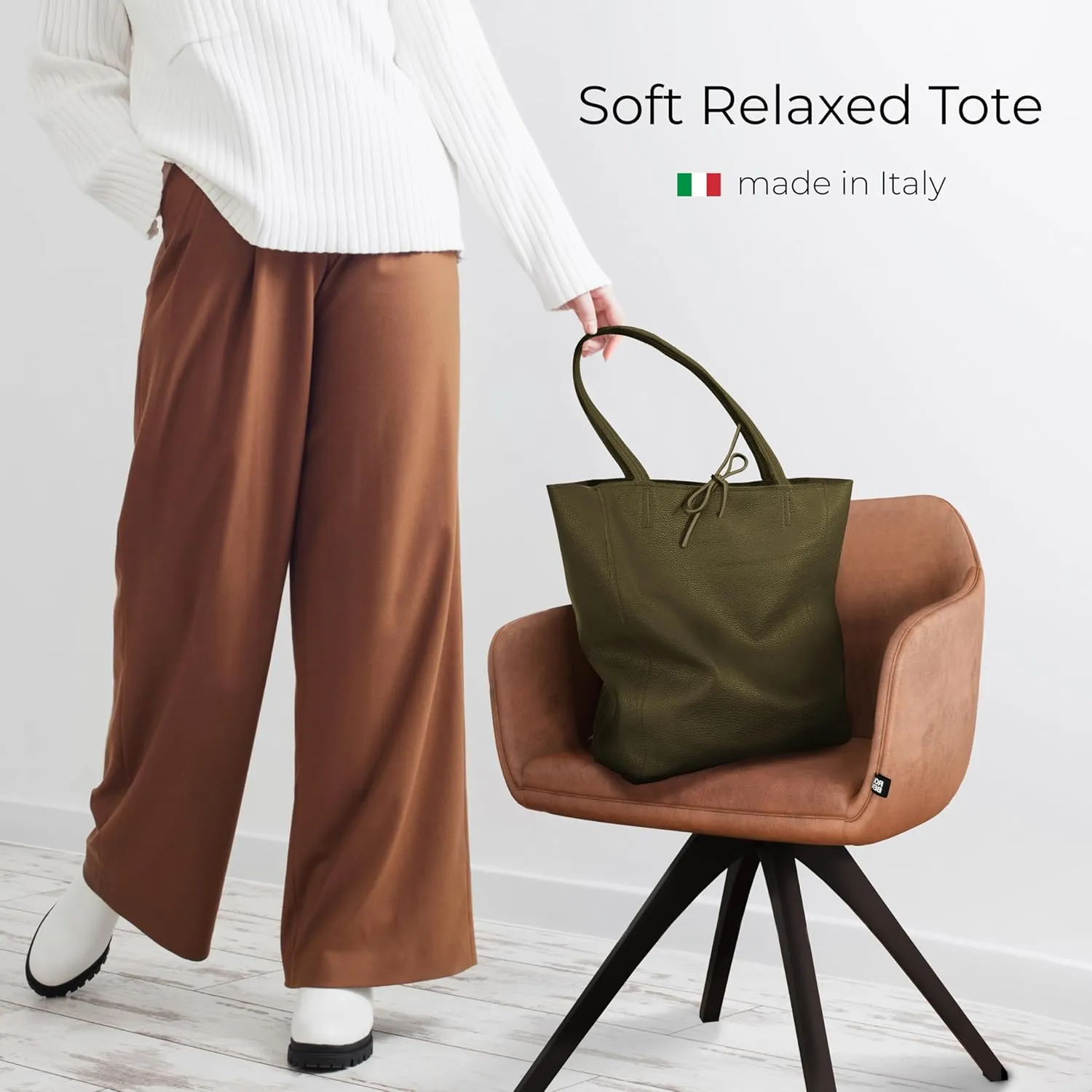Soft Italian Genuine Calf Leather Tote Bag | Unstructured Unlined Shopper with Zipper, Inside Pocket & Flat Base