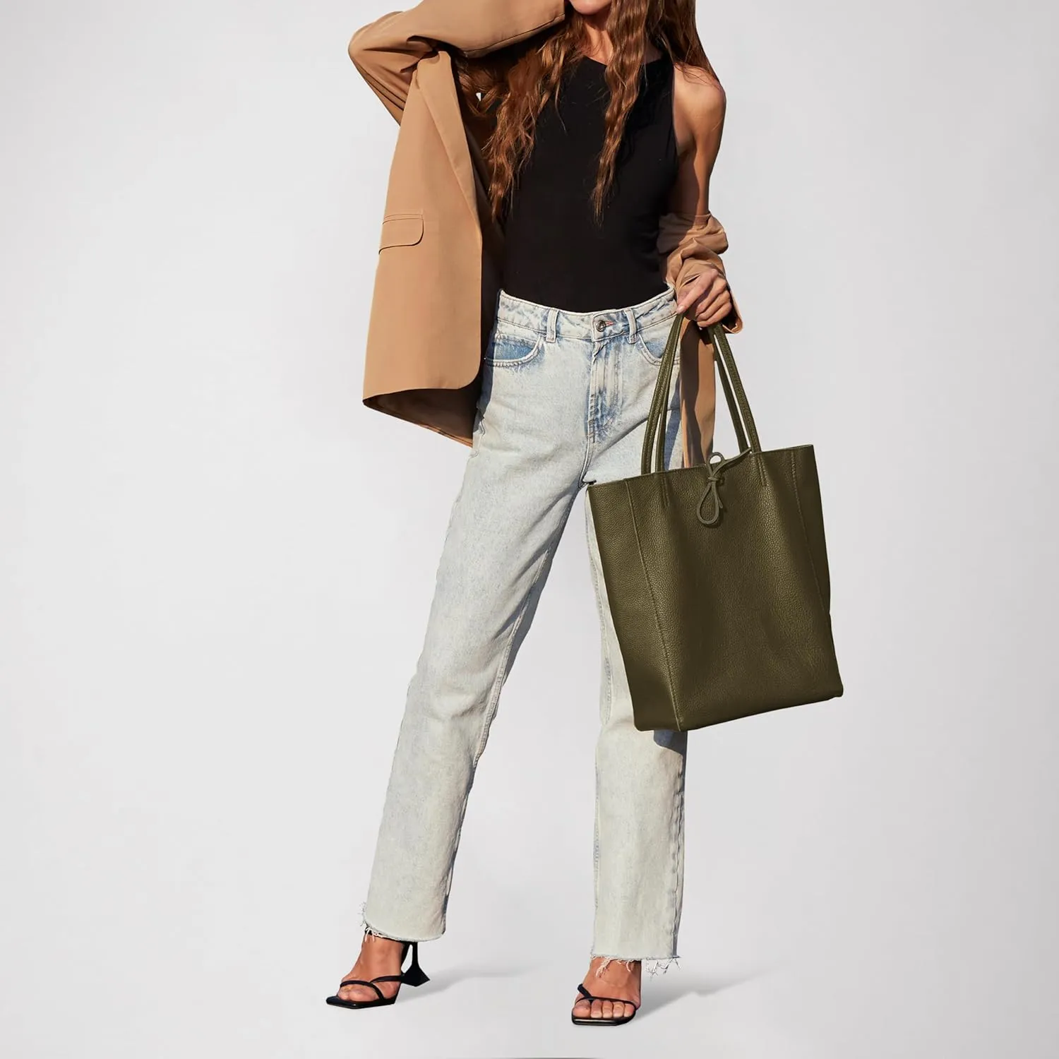 Soft Italian Genuine Calf Leather Tote Bag | Unstructured Unlined Shopper with Zipper, Inside Pocket & Flat Base