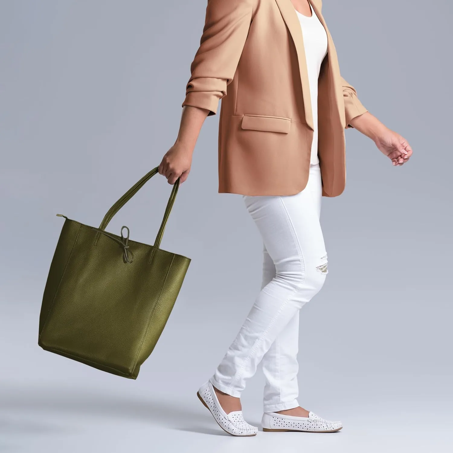 Soft Italian Genuine Calf Leather Tote Bag | Unstructured Unlined Shopper with Zipper, Inside Pocket & Flat Base